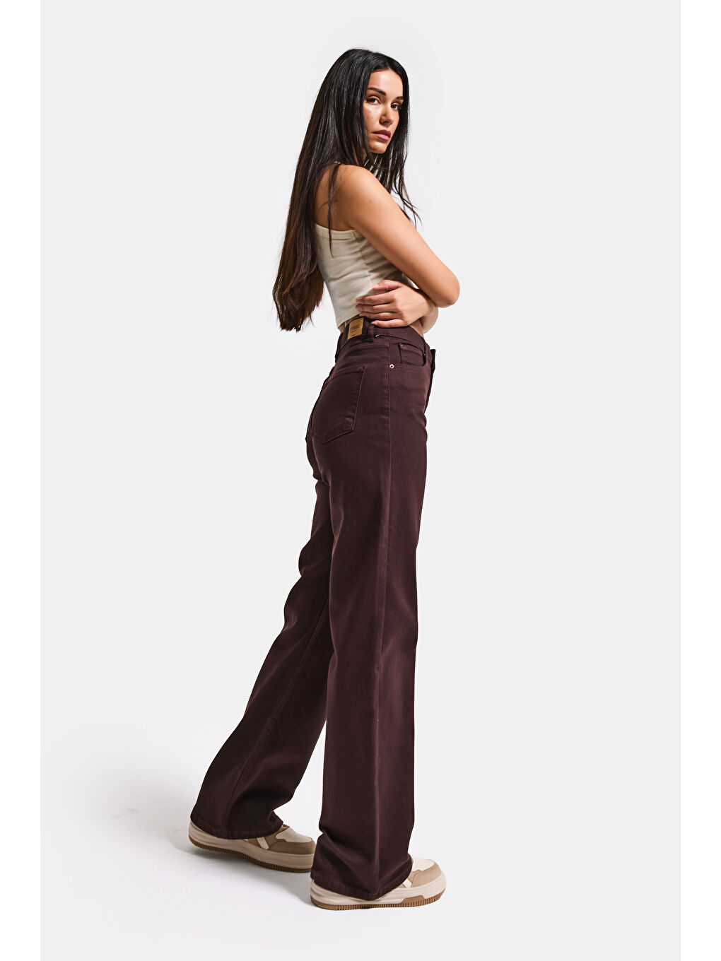 Kahverengi Kadın Kahve 7s6-81 Straight Fit Yüksek Bel Esnek Kumaş Denim Jean-1