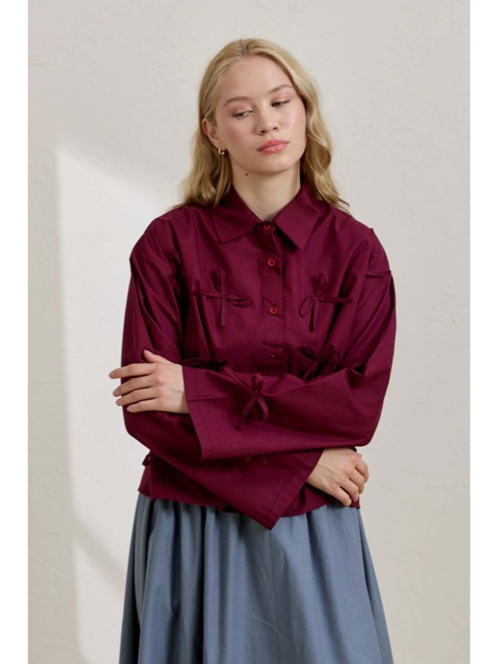 Mürdüm Fiyonk Detay Crop Gömlek-1