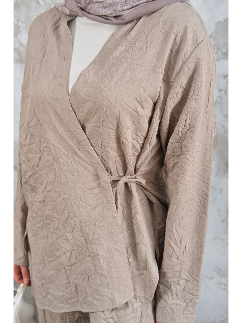 Bej Kadın Kendinden Desenli Kimono Takım Taş-3