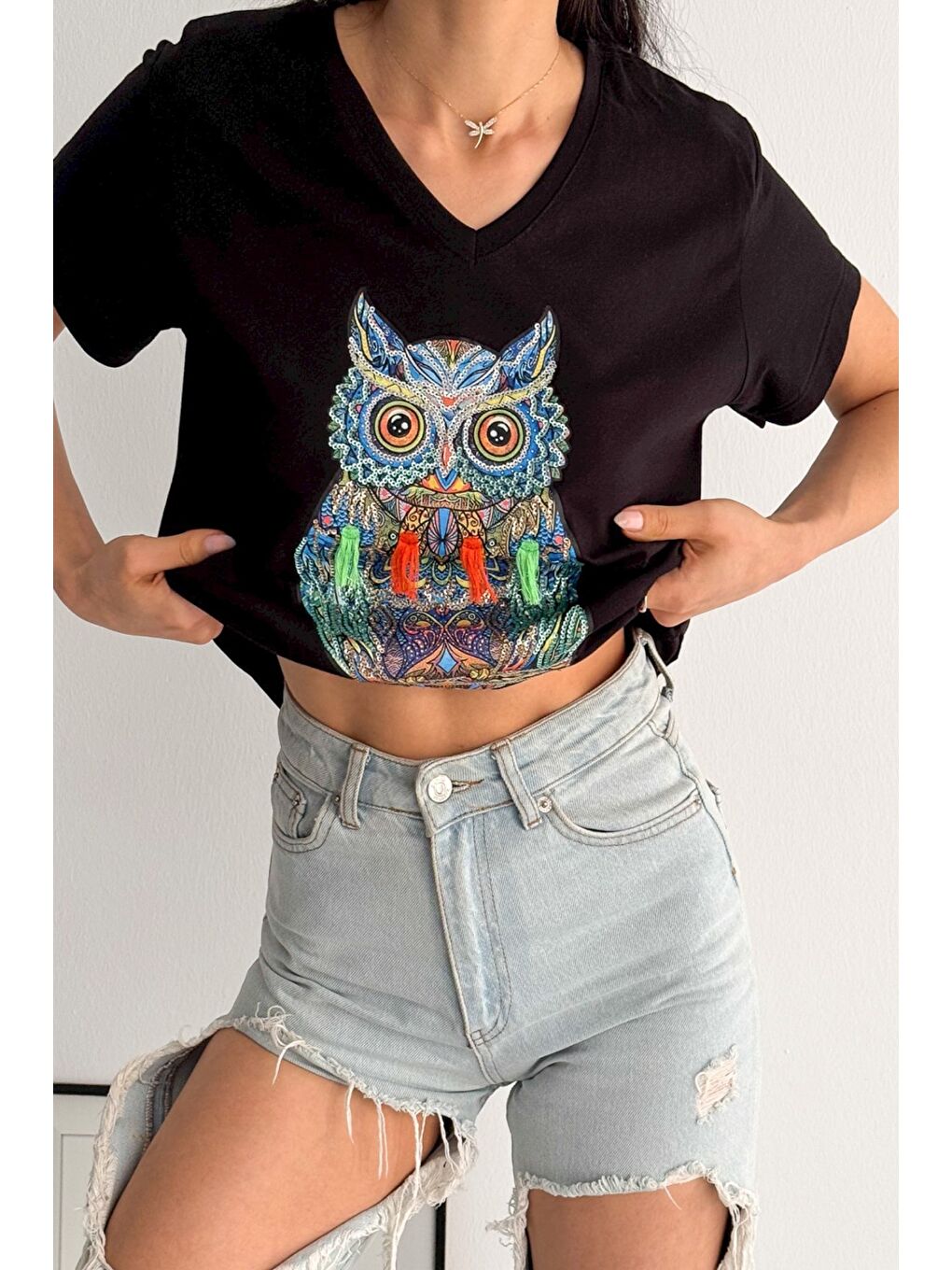 Siyah V Yaka Kısa Kol Pul Payet Aplikeli Örme Regular Fit T-Shirt-3