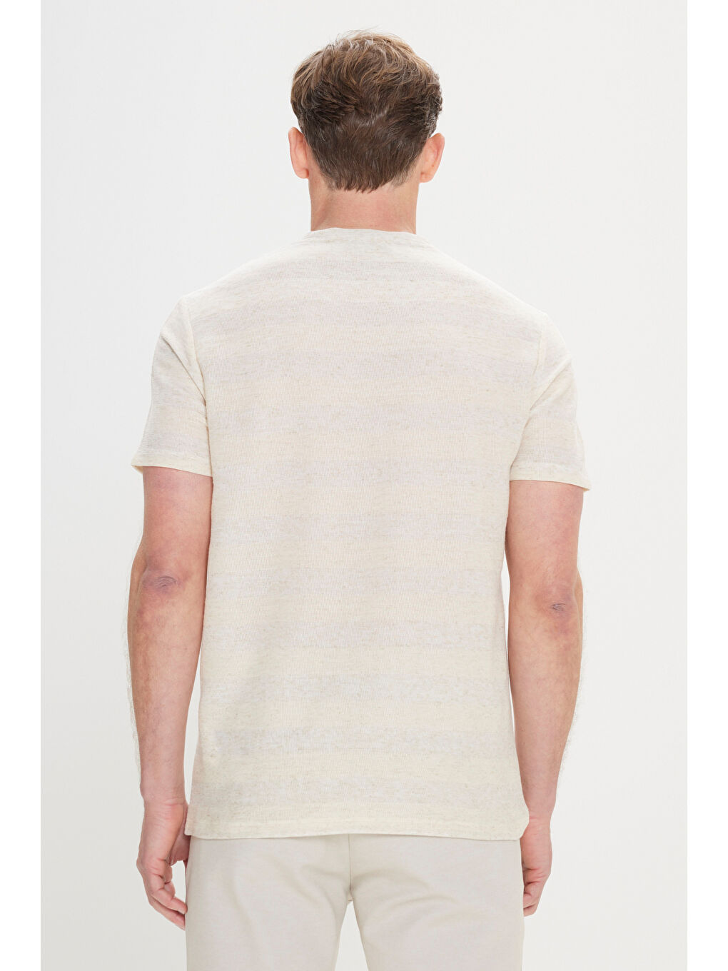 Erkek Bej-Ekru Keten Slim Fit Dar Kesim Bisiklet Yaka Çizgili Tişört-4