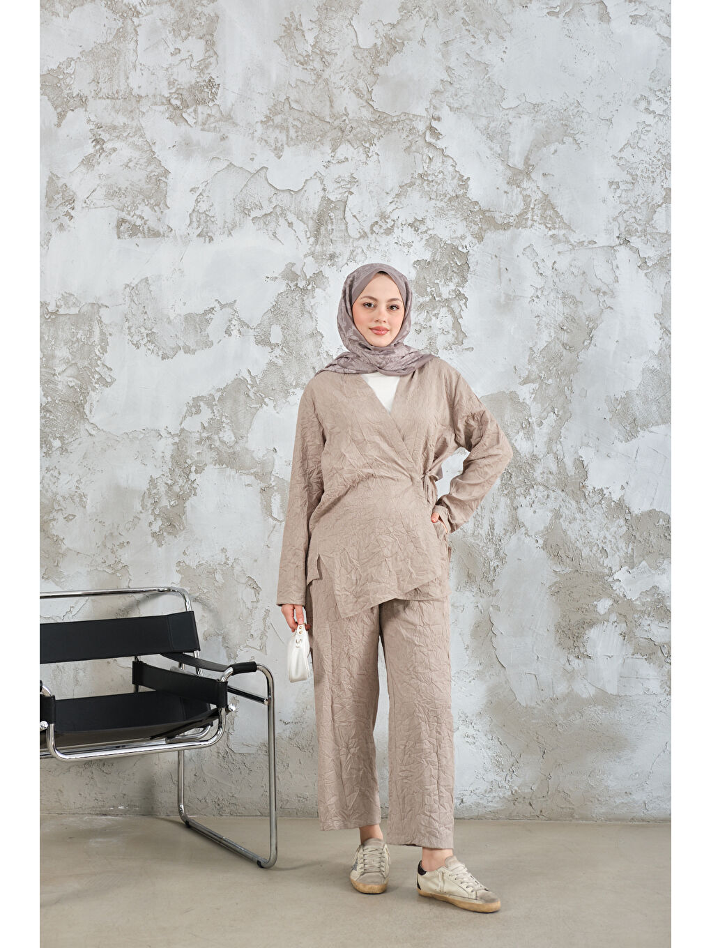 Bej Kadın Kendinden Desenli Kimono Takım Taş-4