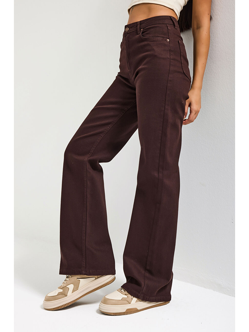 Kahverengi Kadın Kahve 7s6-81 Straight Fit Yüksek Bel Esnek Kumaş Denim Jean-2