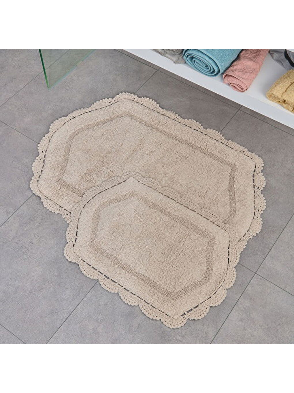 Soft Lace 2'li Banyo Paspası - Bej - 40x60 cm + 60x90 cm