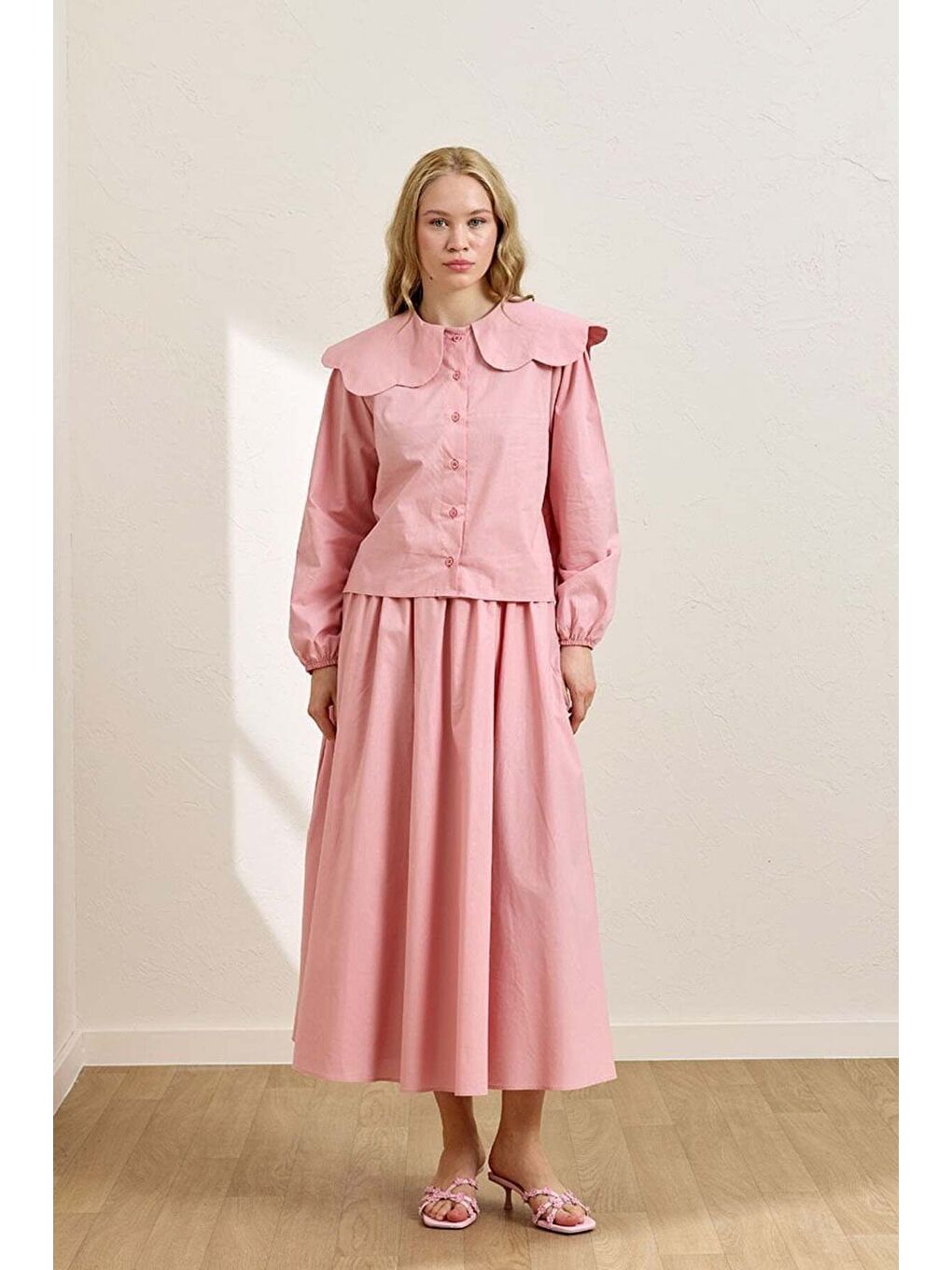 Soft Pembe Papatya Yaka Crop Gömlek-2