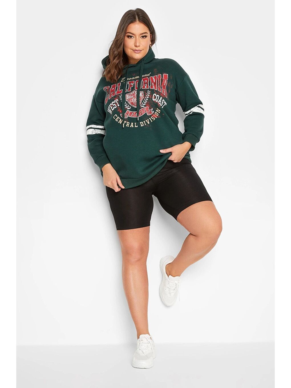 Yeşil Büyük Beden Kolları Şeritli Kapüşonlu Uzun Kollu Sweatshirt 301945-1