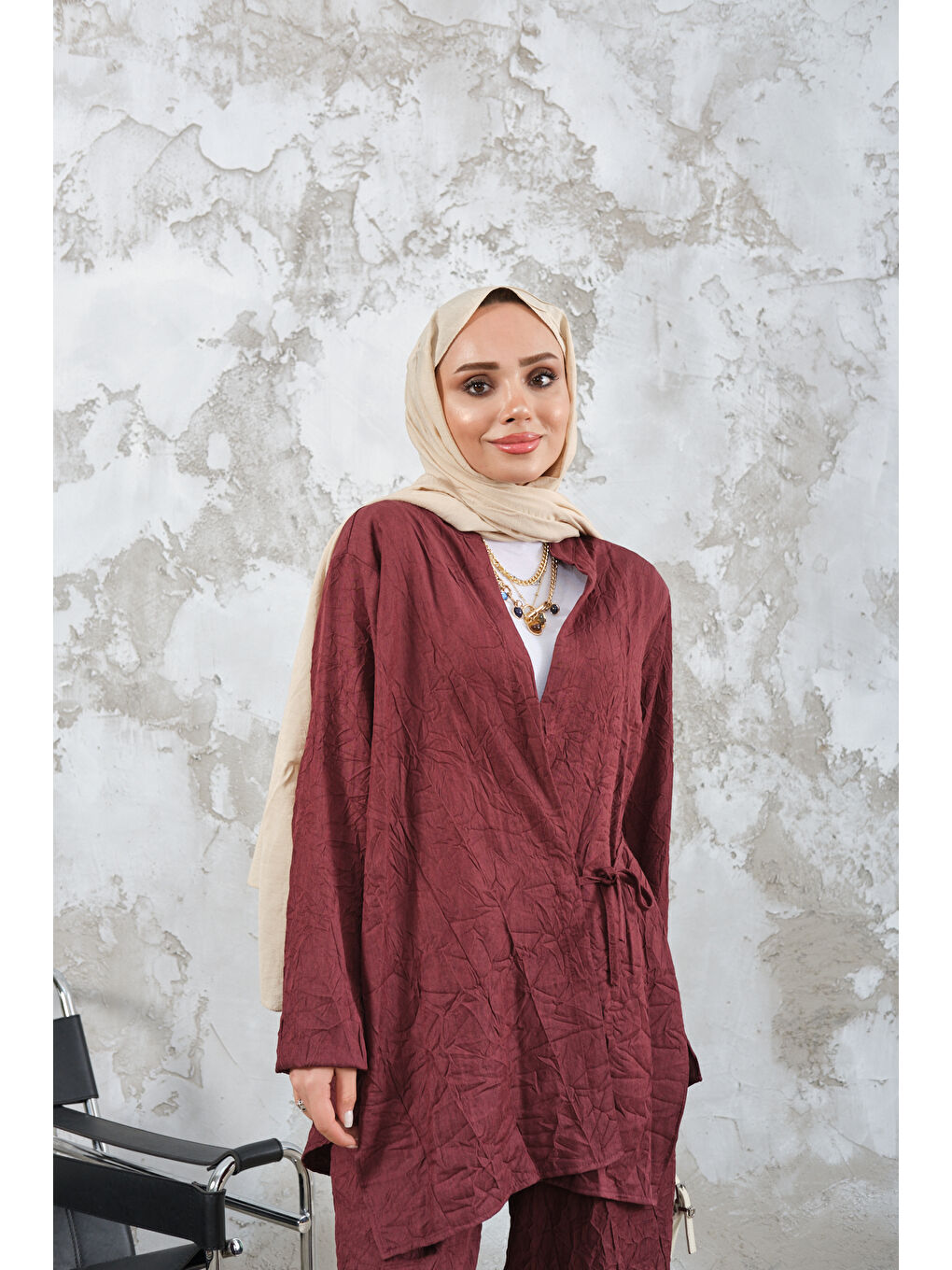 Kadın Kendinden Desenli Kimono Takım Bordo-2