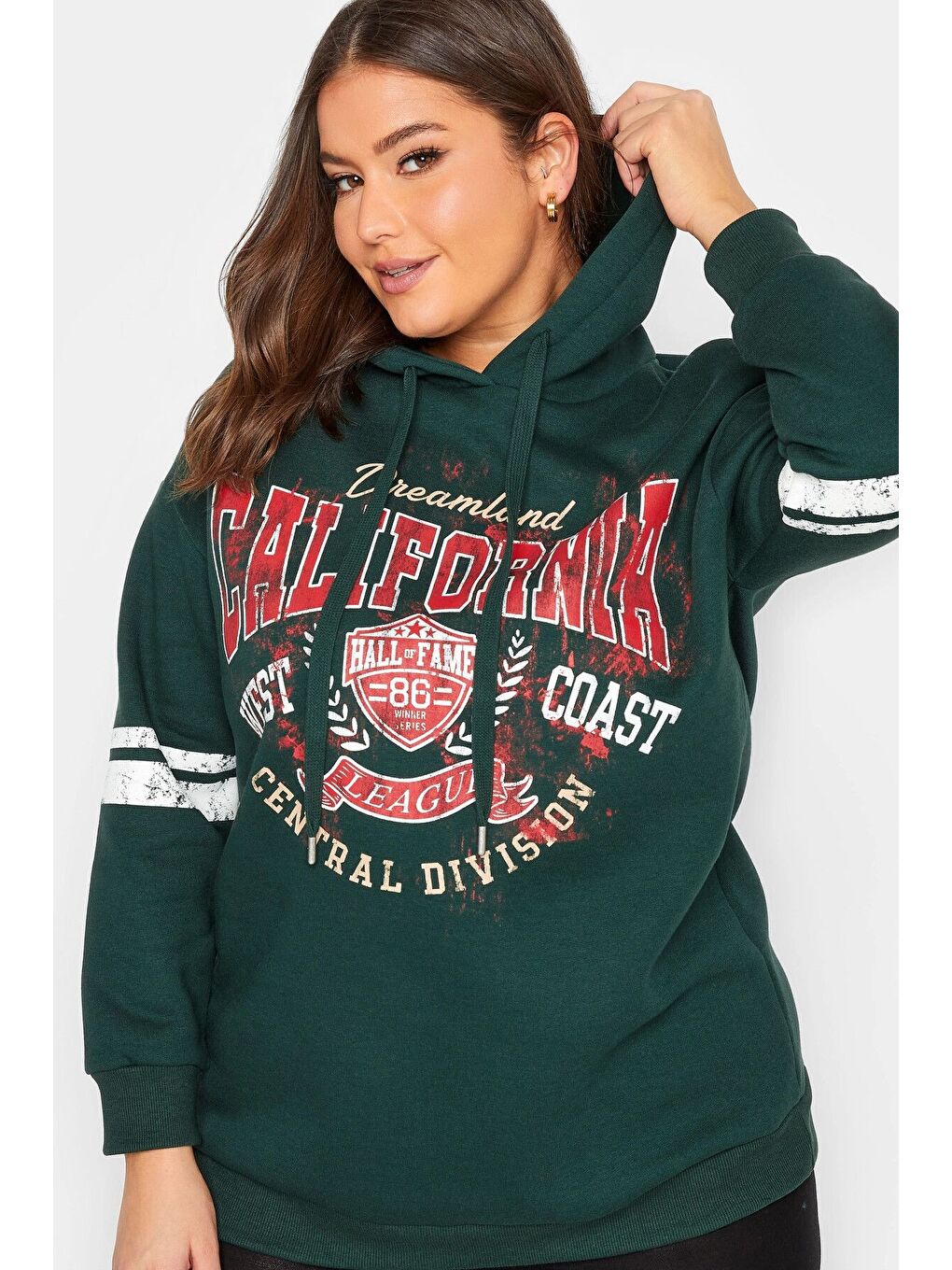 Yeşil Büyük Beden Kolları Şeritli Kapüşonlu Uzun Kollu Sweatshirt 301945-3