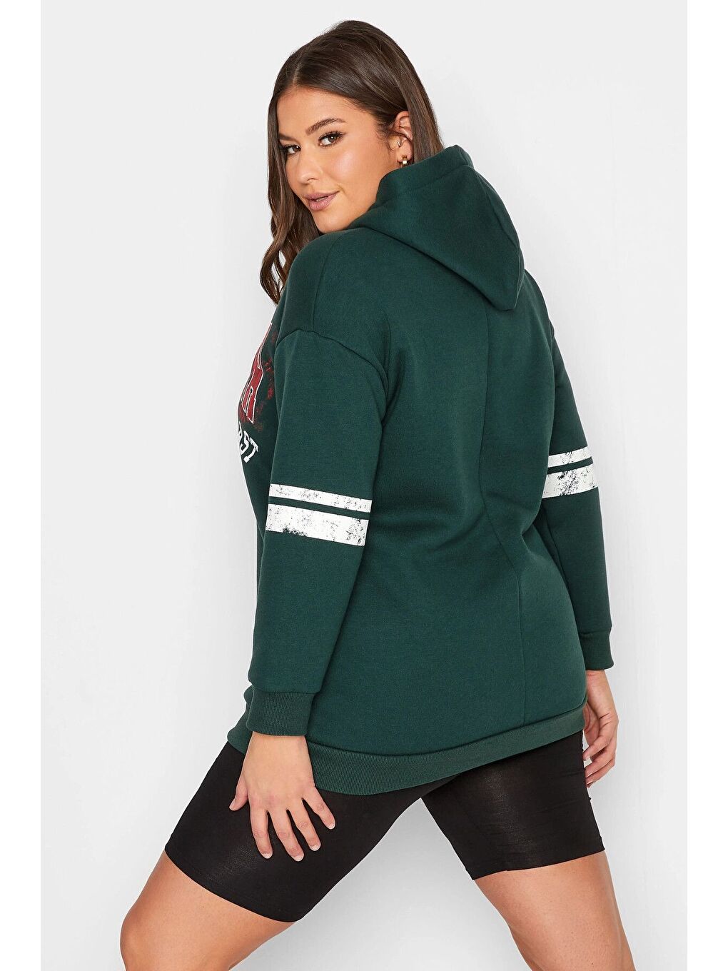 Yeşil Büyük Beden Kolları Şeritli Kapüşonlu Uzun Kollu Sweatshirt 301945-4