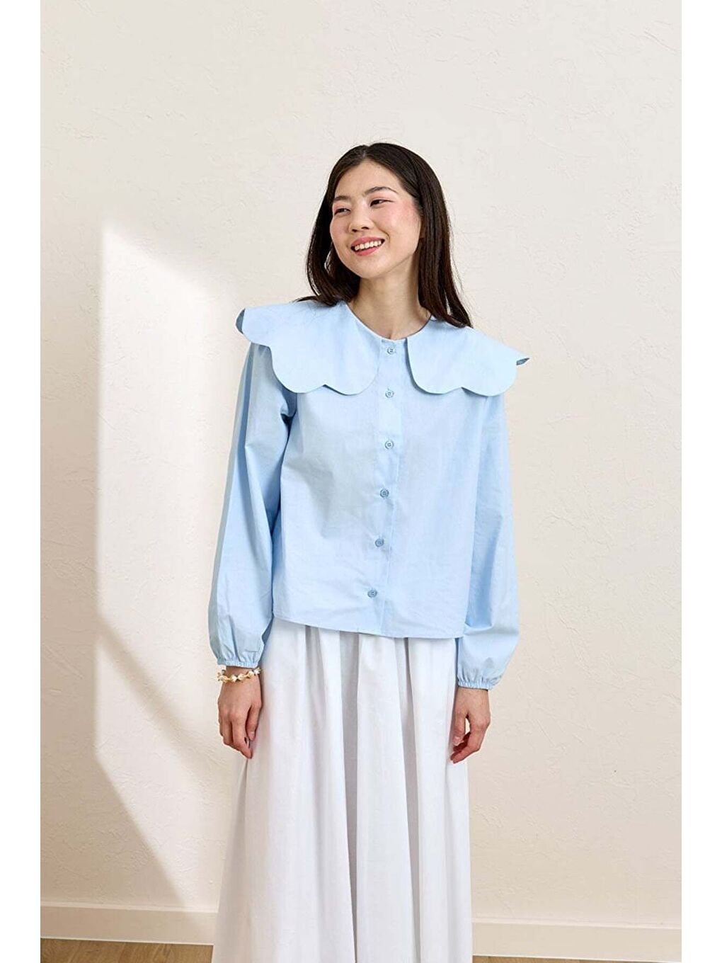 Mavi Papatya Yaka Crop Gömlek