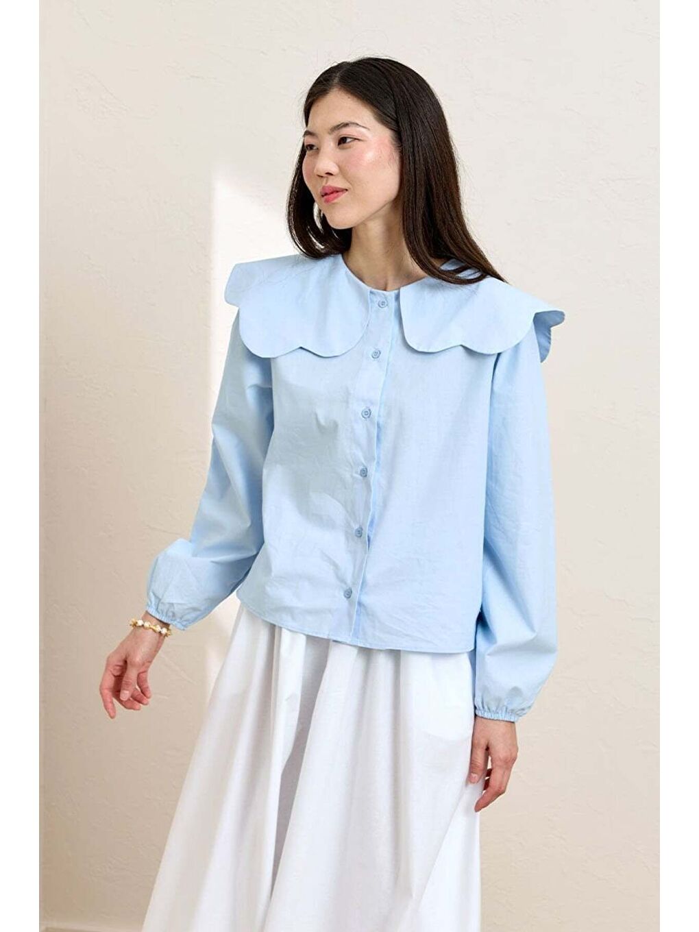 Mavi Papatya Yaka Crop Gömlek-1