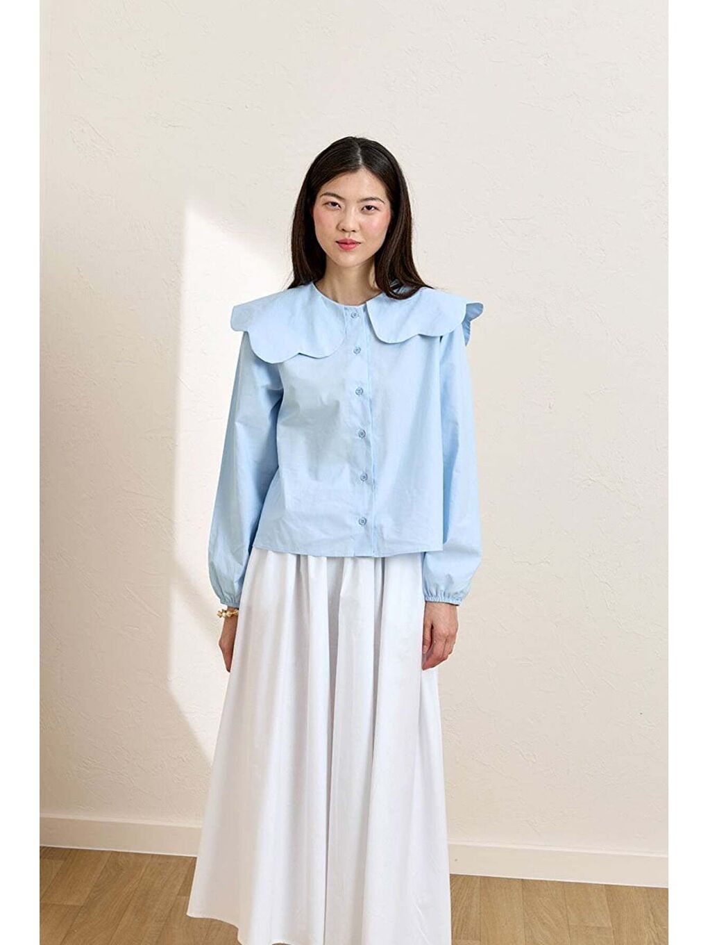 Mavi Papatya Yaka Crop Gömlek-2