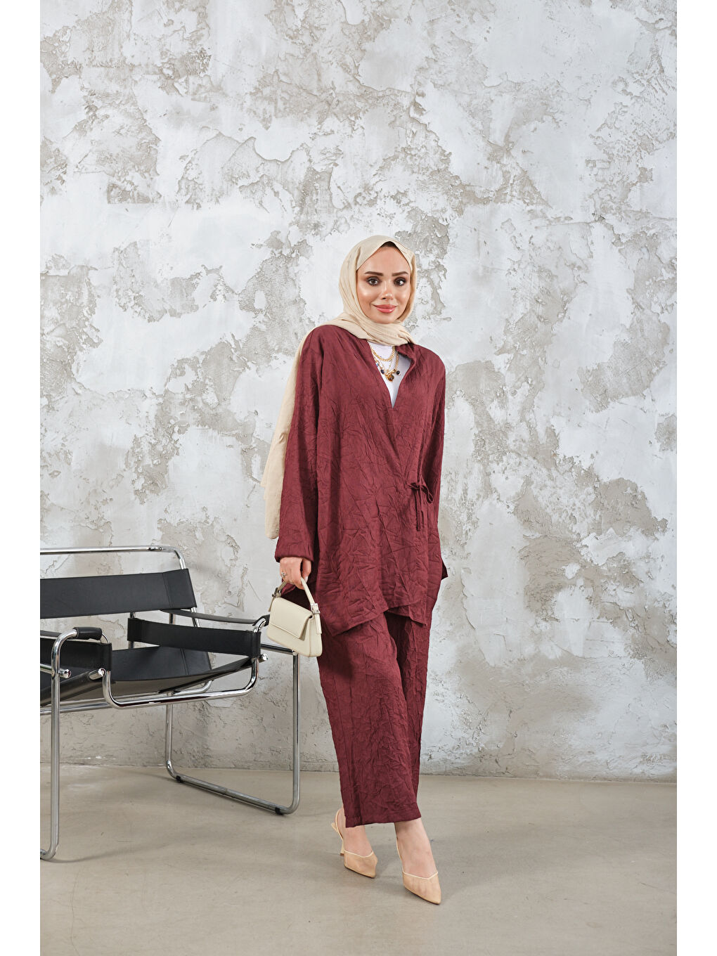 Kadın Kendinden Desenli Kimono Takım Bordo-4