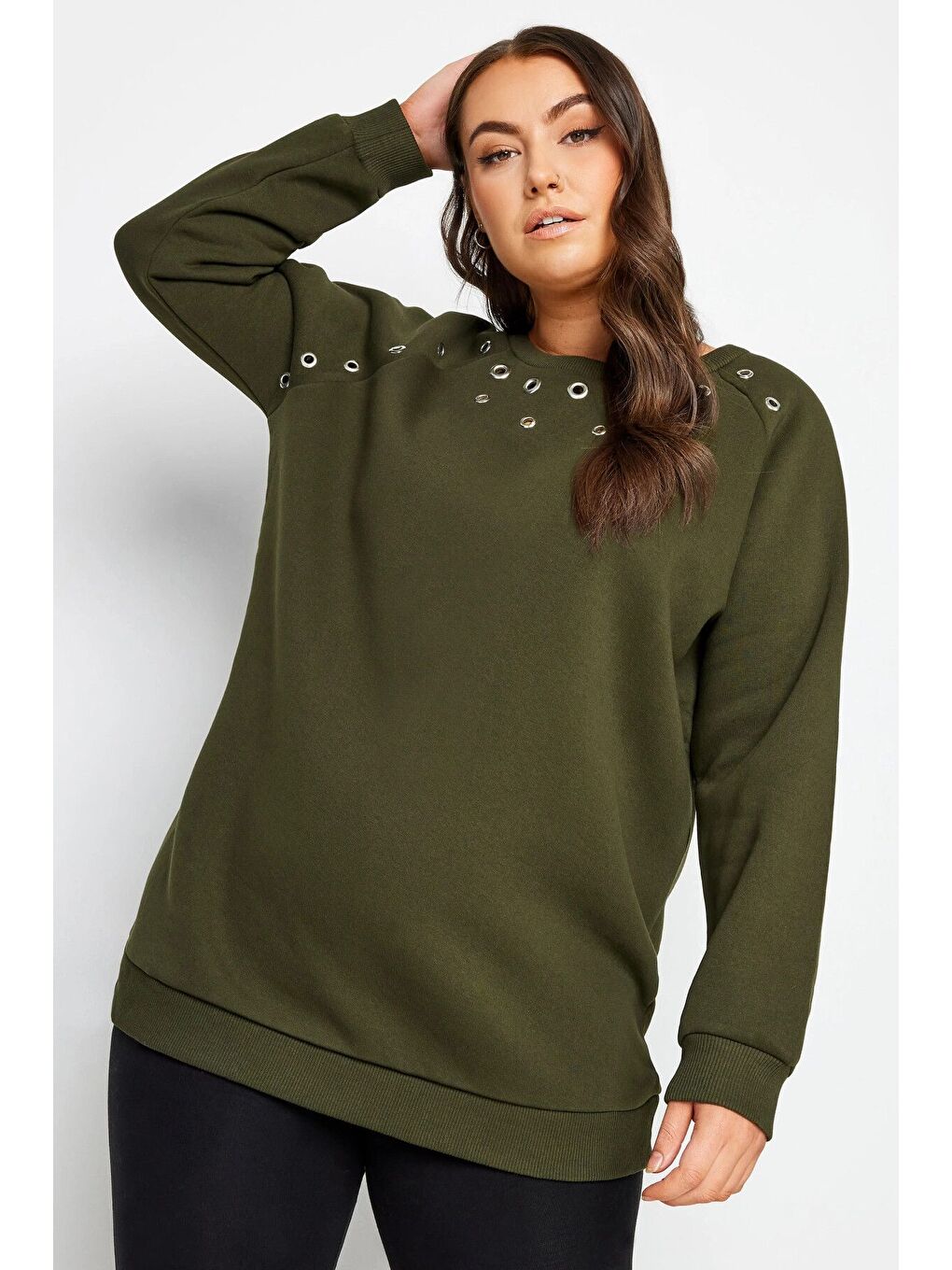 Haki Büyük Beden Bisiklet Yaka Kuşgözü Detaylı Uzun Kollu Sweatshirt 302830