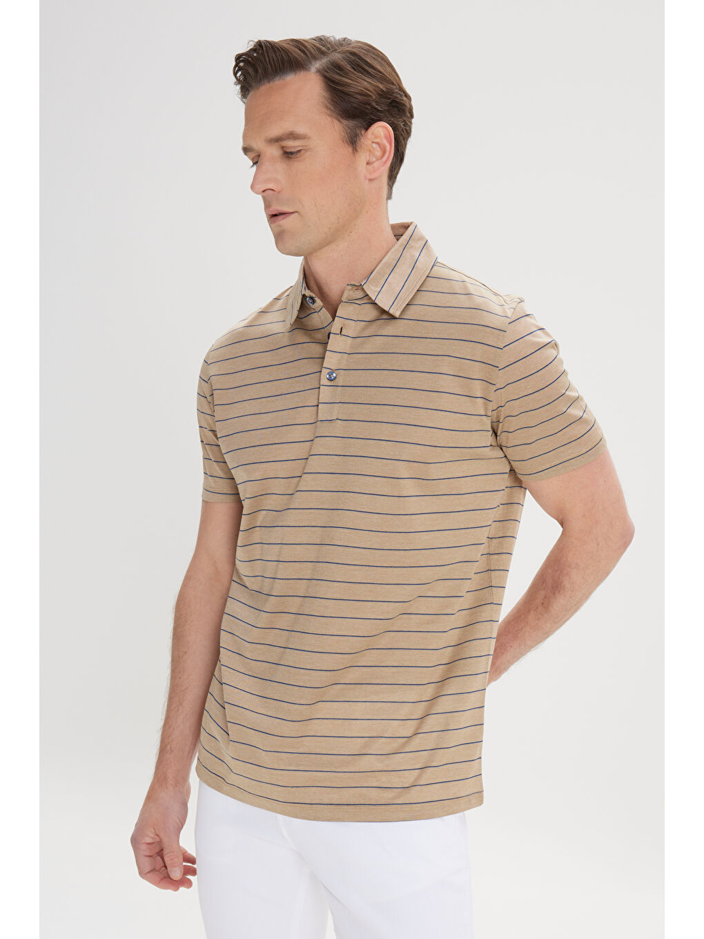 Bej Erkek Vizon-Lacivert Regular Fit Rahat Kesim %100 Pamuk Çizgili Polo Yaka Tişört-2