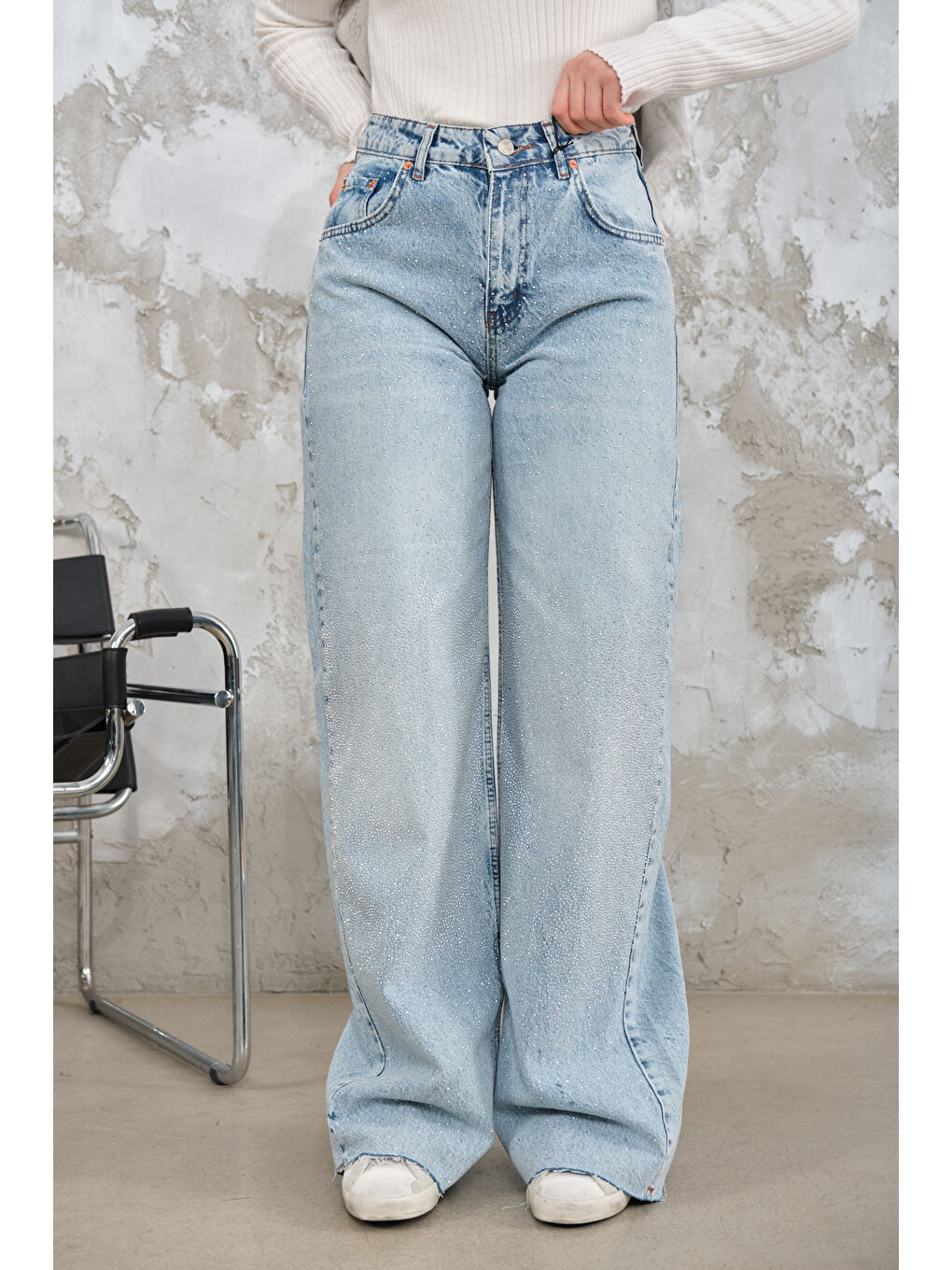 Kadın Taş Ve Kesik Detay Jean Pantolon Buz Mavi-2