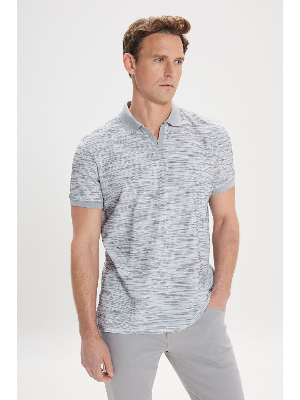 Erkek Gri Melanj-Siyah Slim Fit Dar Kesim %100 Pamuk Jakarlı Polo Yaka Tişört
