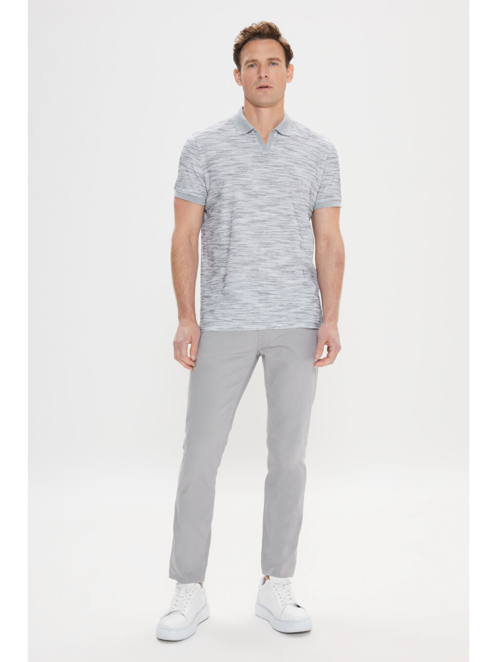 Erkek Gri Melanj-Siyah Slim Fit Dar Kesim %100 Pamuk Jakarlı Polo Yaka Tişört-1