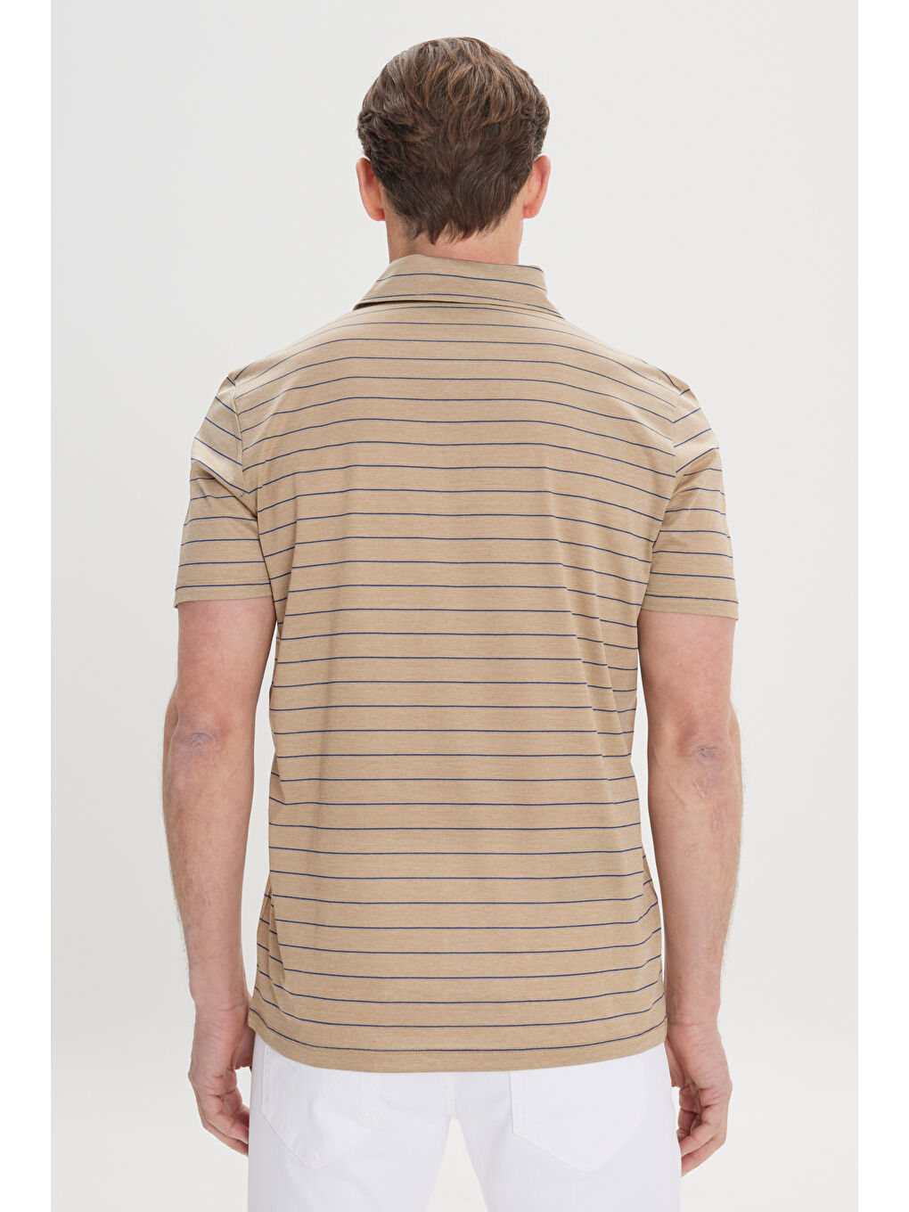 Bej Erkek Vizon-Lacivert Regular Fit Rahat Kesim %100 Pamuk Çizgili Polo Yaka Tişört-4