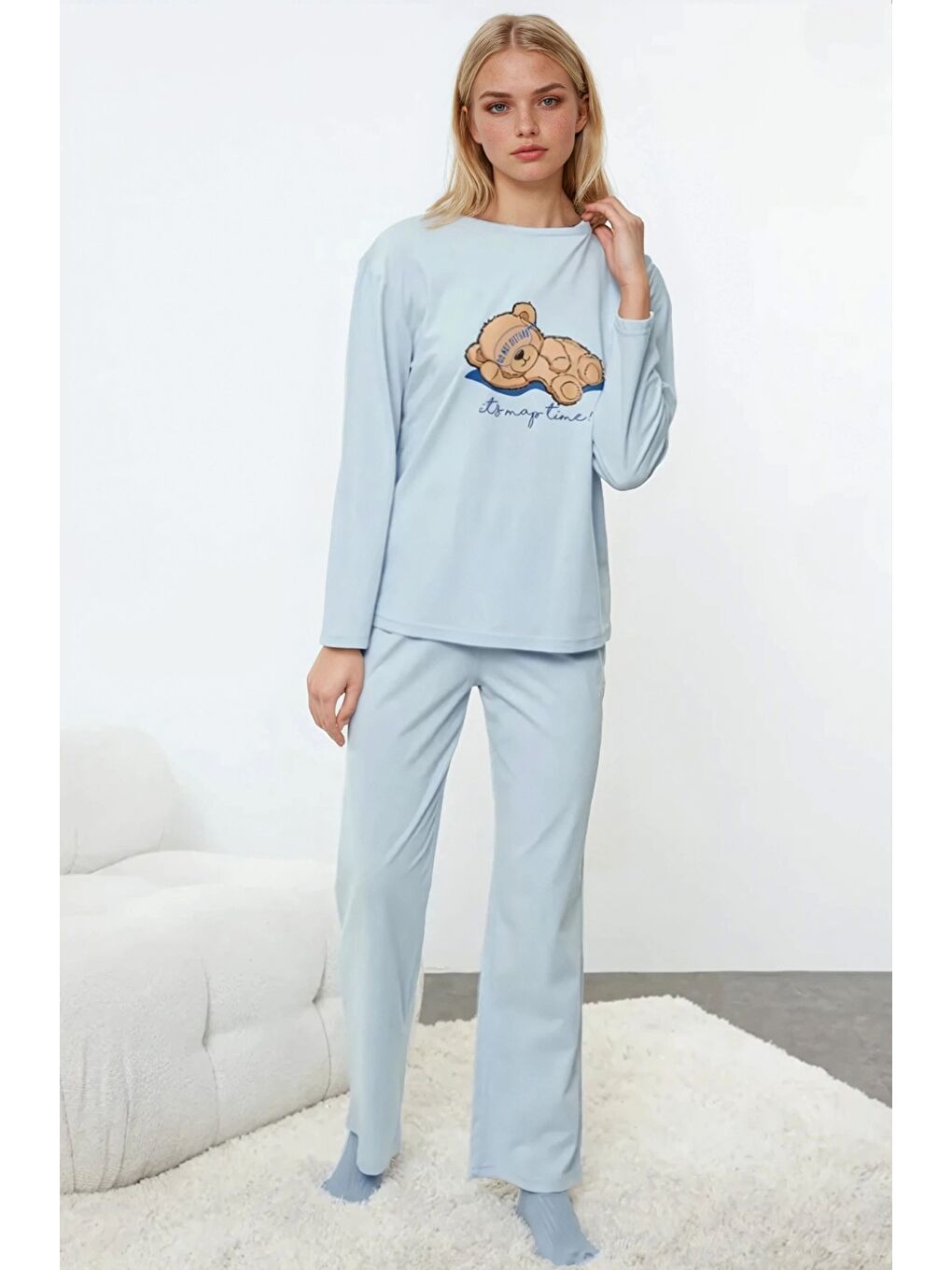 Ayıcık Baskılı Mavi Uzun Kollu Pijama Takımı