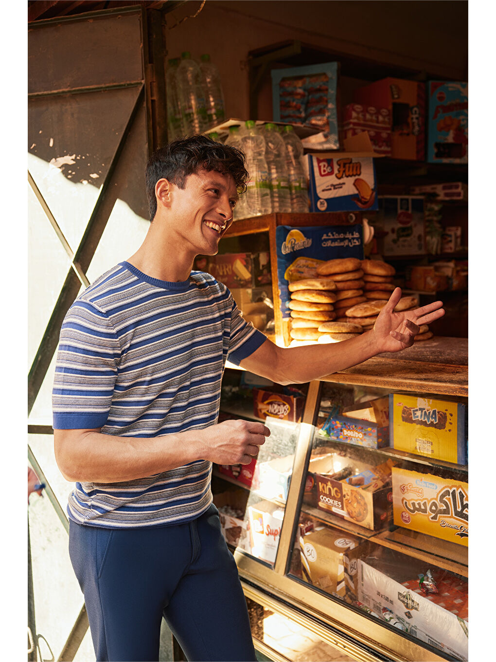 Yeşil Erkek SAKS BEJ Standart Fit Bisiklet Yaka %100 Pamuk Çizgili Triko Tişört