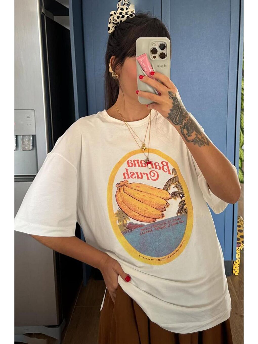 Ekru %100 Pamuklu Baskılı Kadın Tişört Mg2382-1