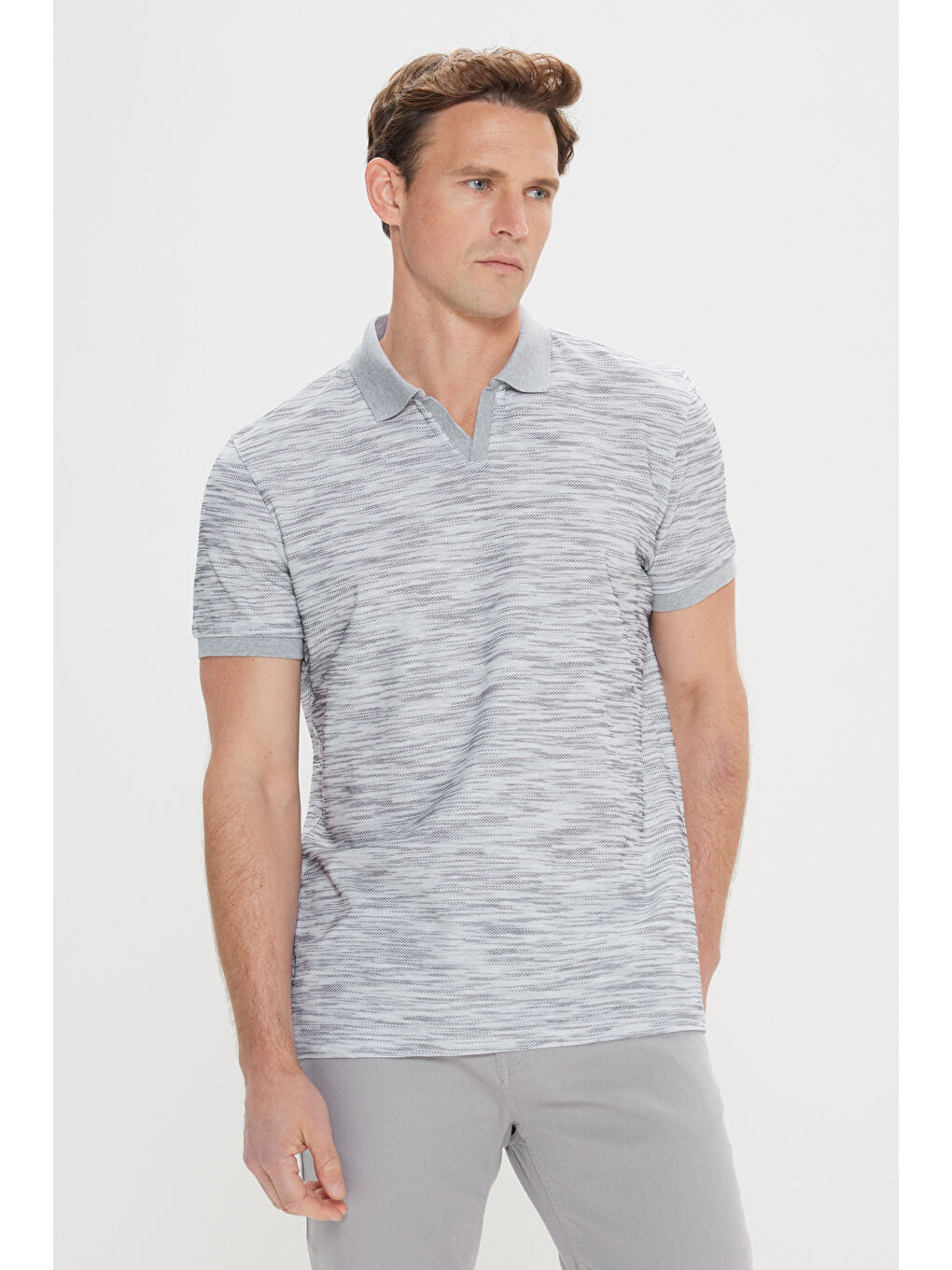 Erkek Gri Melanj-Siyah Slim Fit Dar Kesim %100 Pamuk Jakarlı Polo Yaka Tişört-3