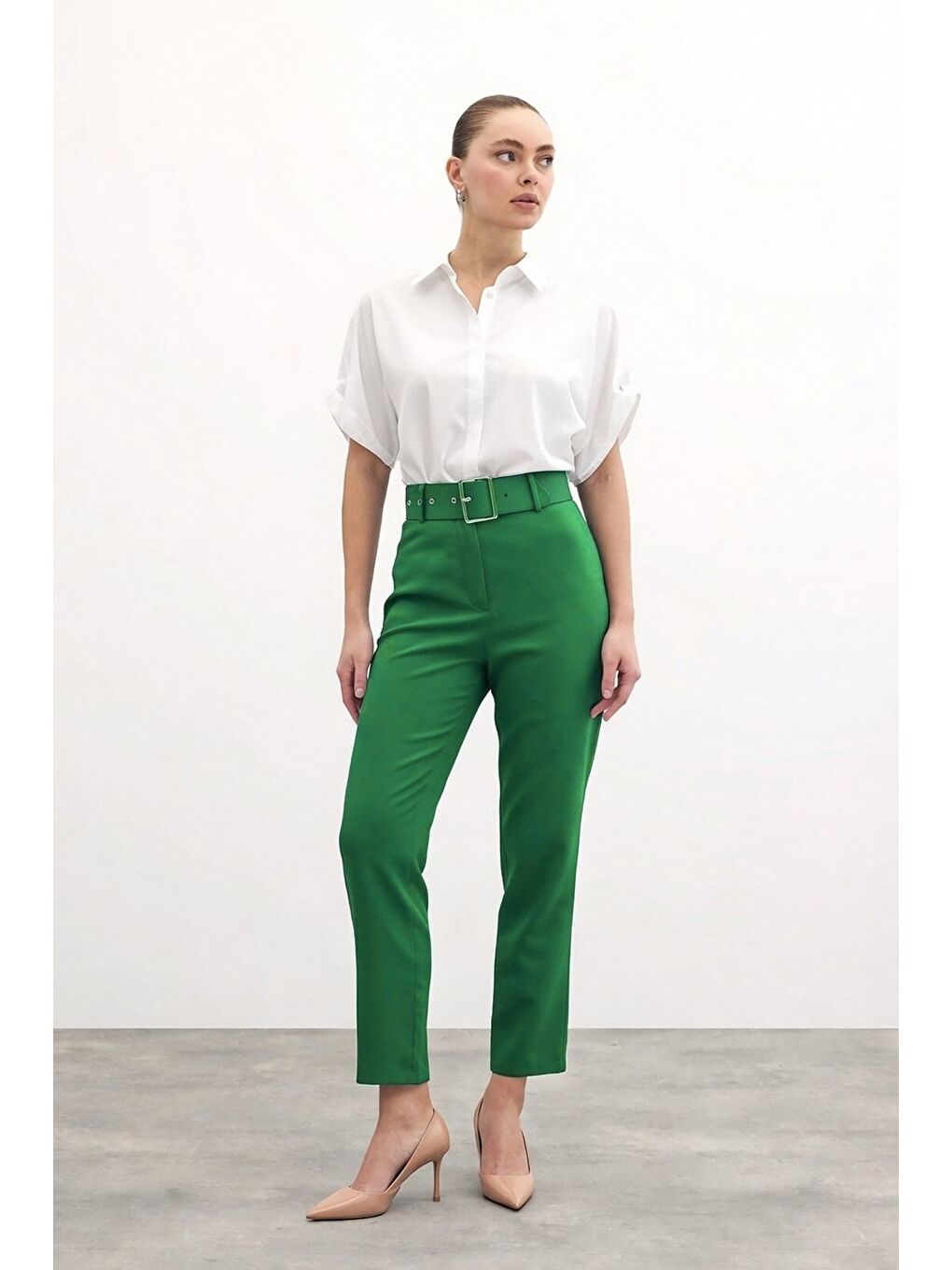 Yüksek Bel Kemerli Pantolon - Koyu Yeşil-1