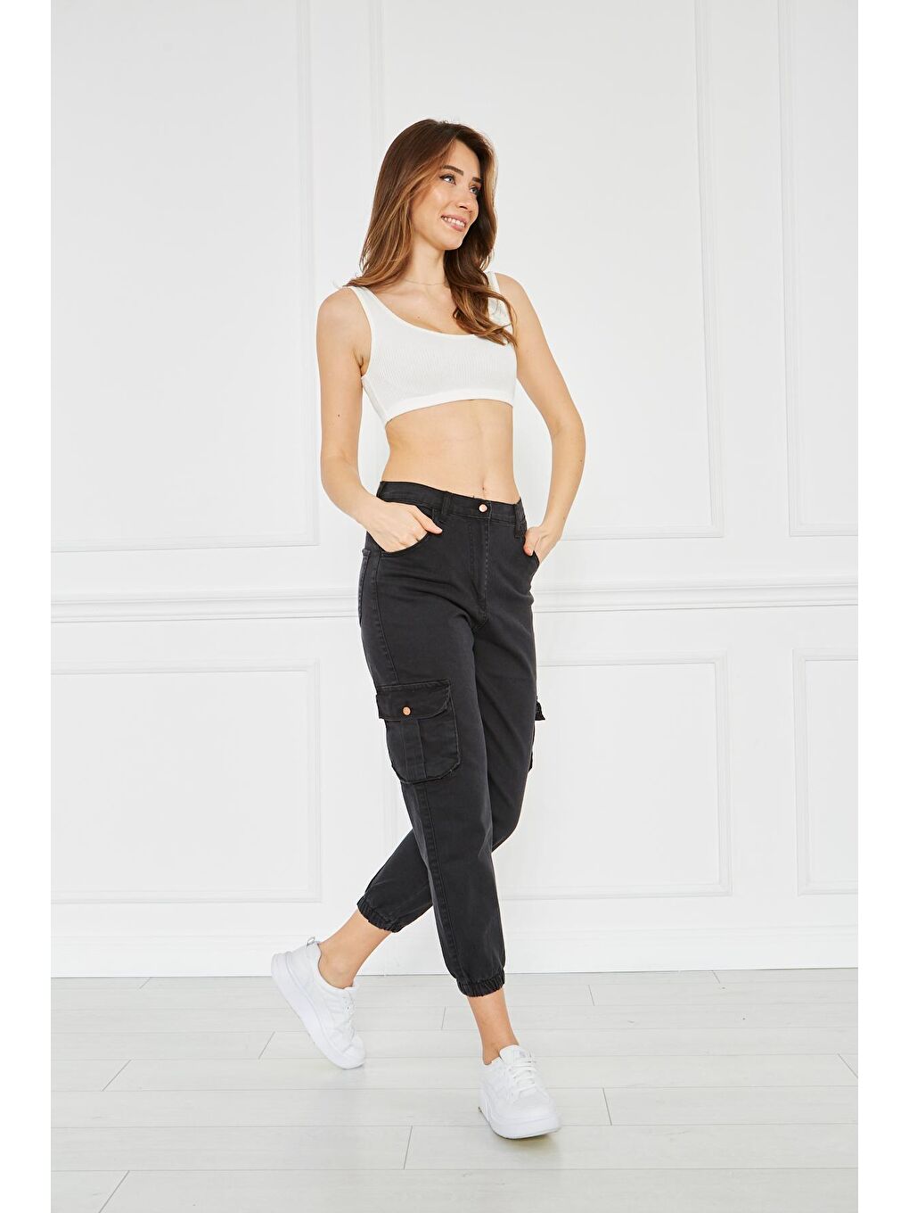 Antrasit Kadın Jogger Rahat Kalıp Paça Lastikli Gabardin Pantolon-2