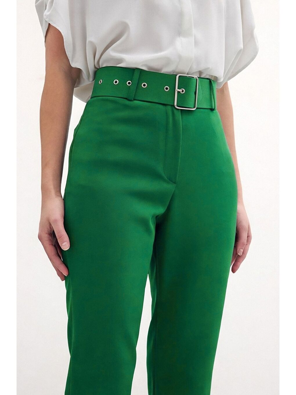 Yüksek Bel Kemerli Pantolon - Koyu Yeşil-2