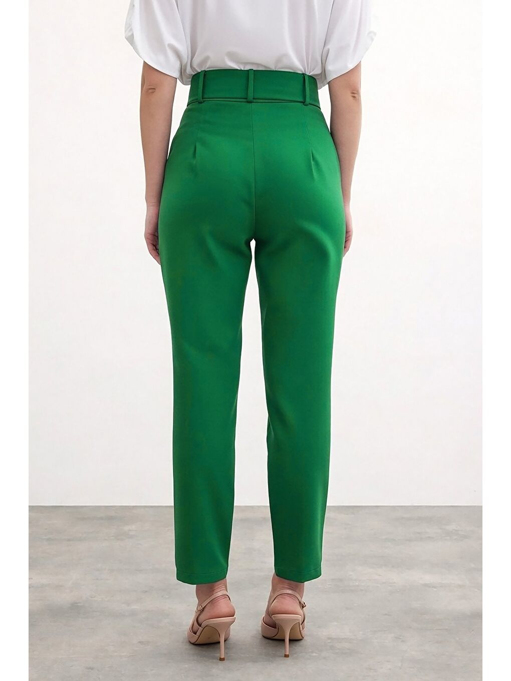 Yüksek Bel Kemerli Pantolon - Koyu Yeşil-3