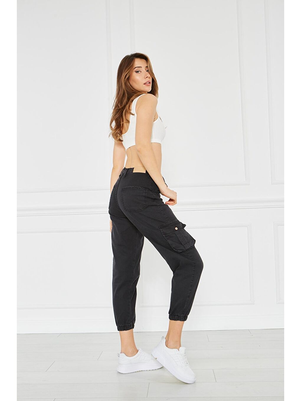 Antrasit Kadın Jogger Rahat Kalıp Paça Lastikli Gabardin Pantolon-3