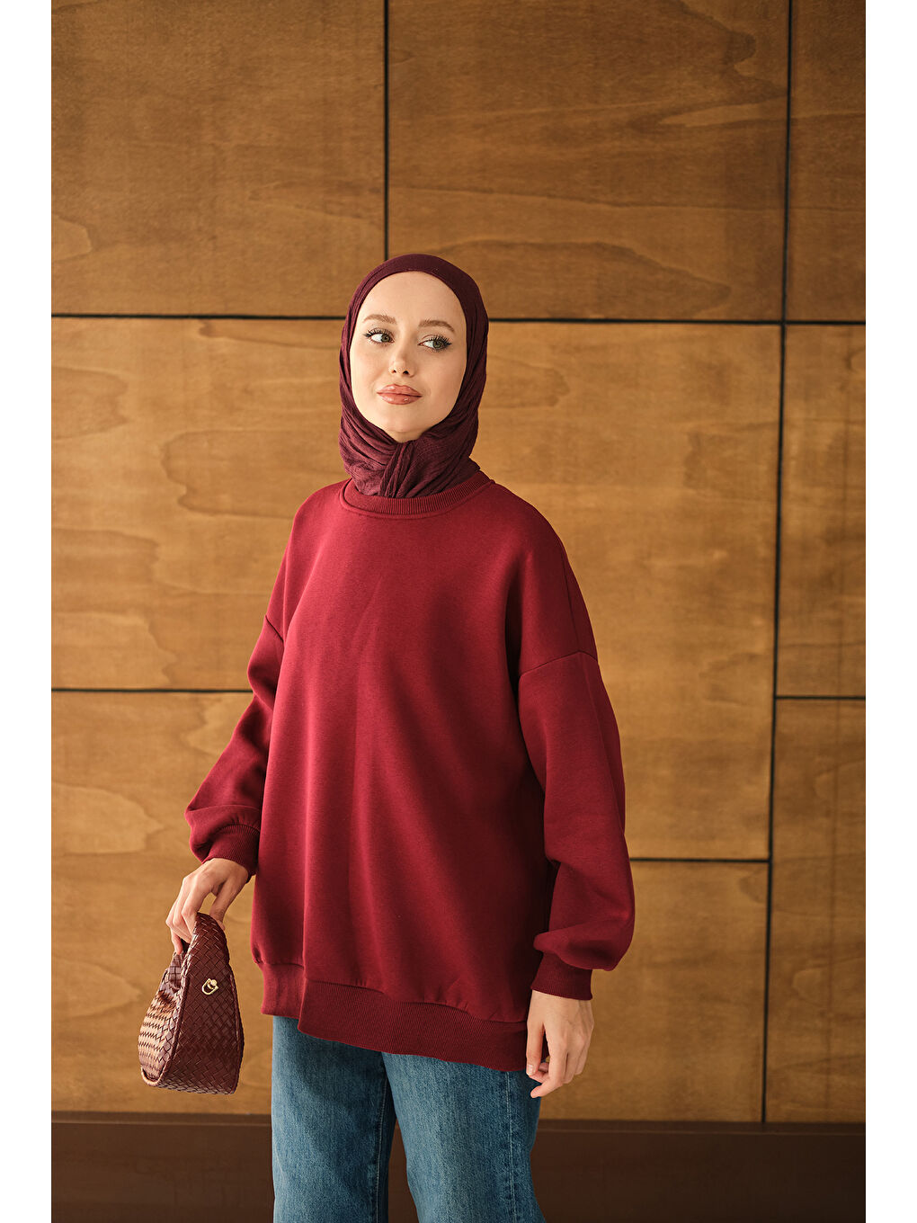 Kadın Bisiklet Yaka Sweat Bordo-1