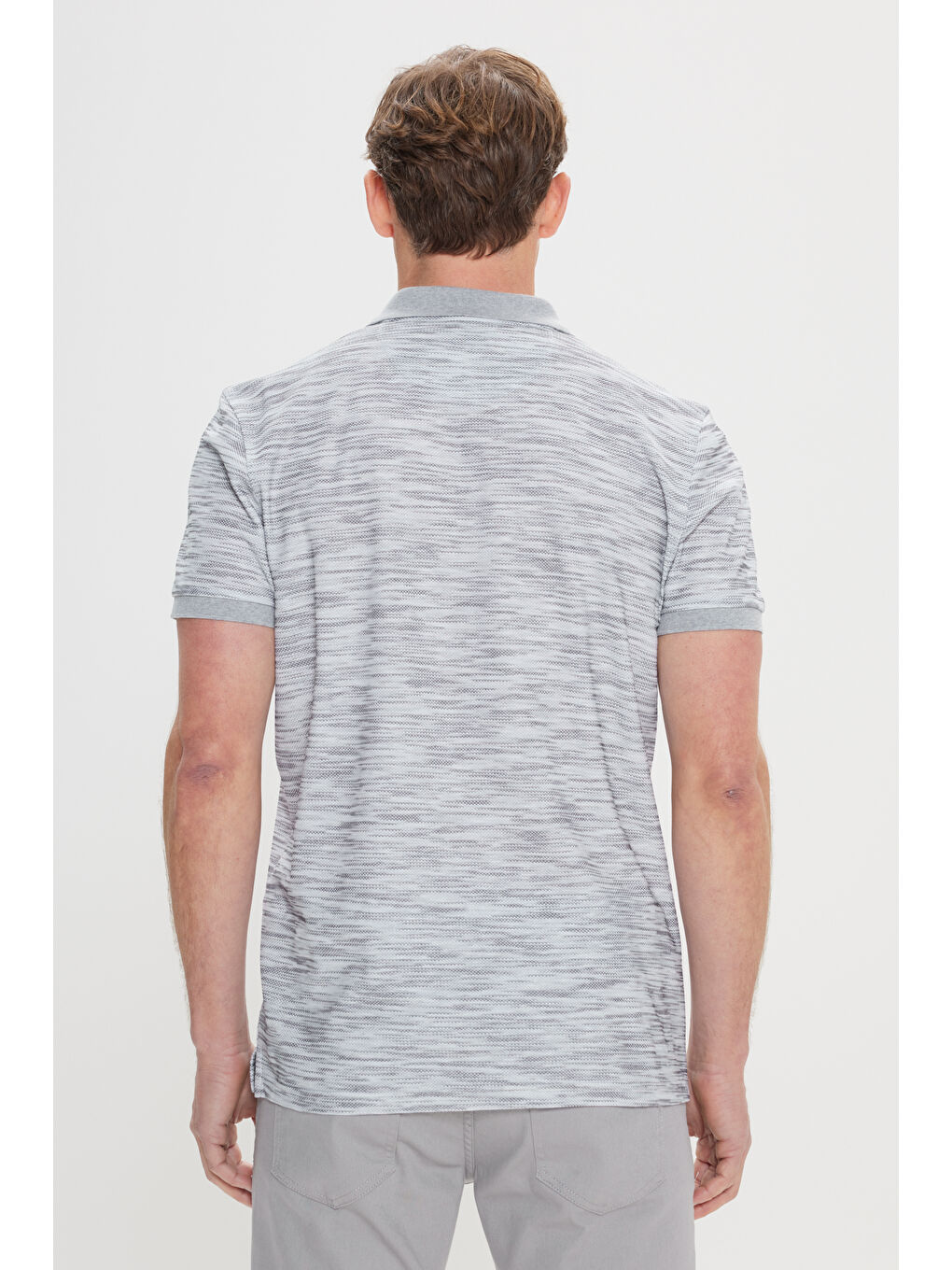 Erkek Gri Melanj-Siyah Slim Fit Dar Kesim %100 Pamuk Jakarlı Polo Yaka Tişört-4