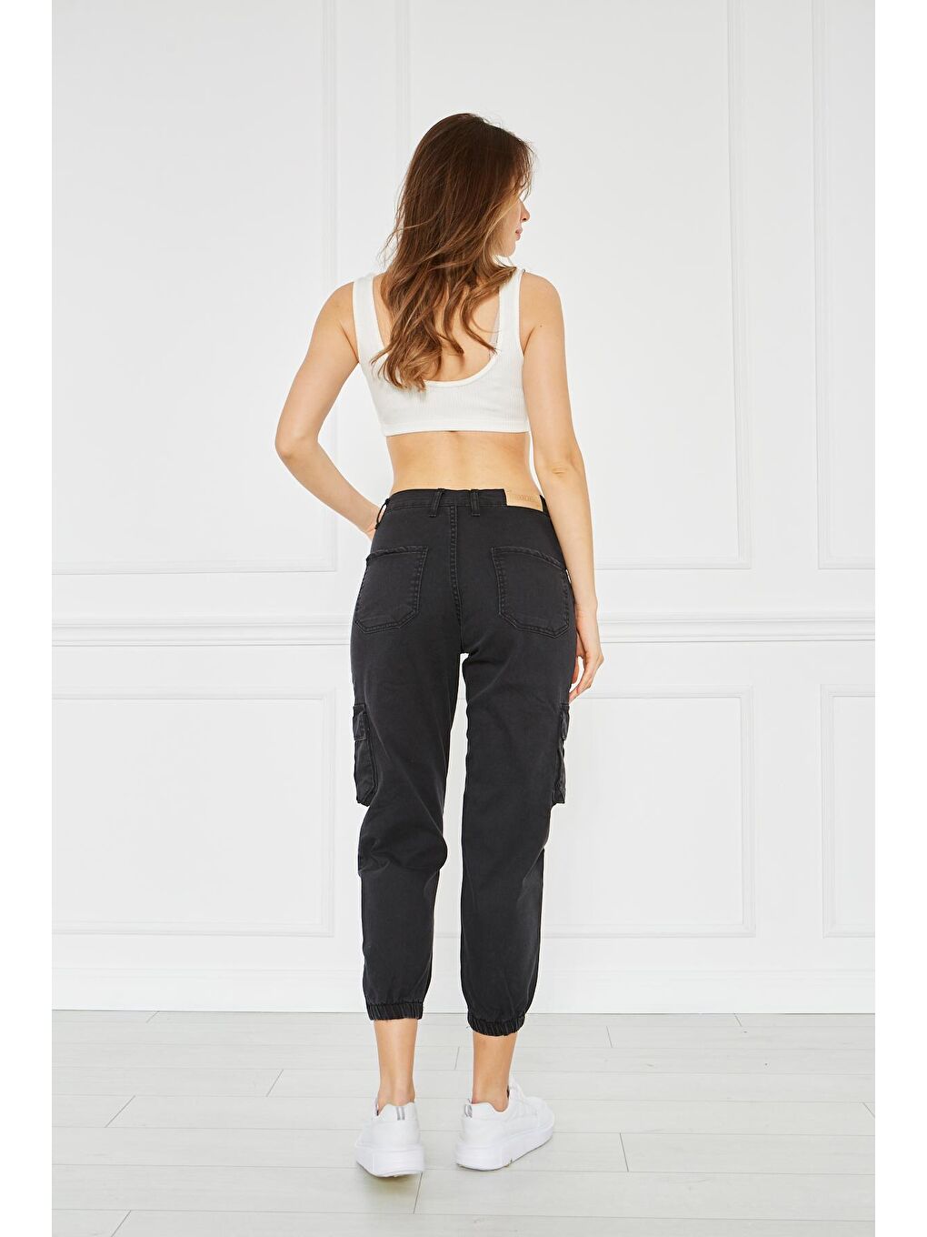 Antrasit Kadın Jogger Rahat Kalıp Paça Lastikli Gabardin Pantolon-4