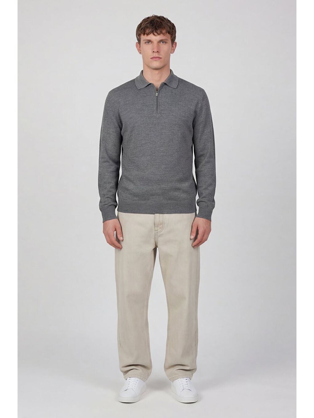Erkek Gri Normal Kesim Regular Fit Yünlü Düz Fermuarlı Polo Yaka Triko Kazak-1
