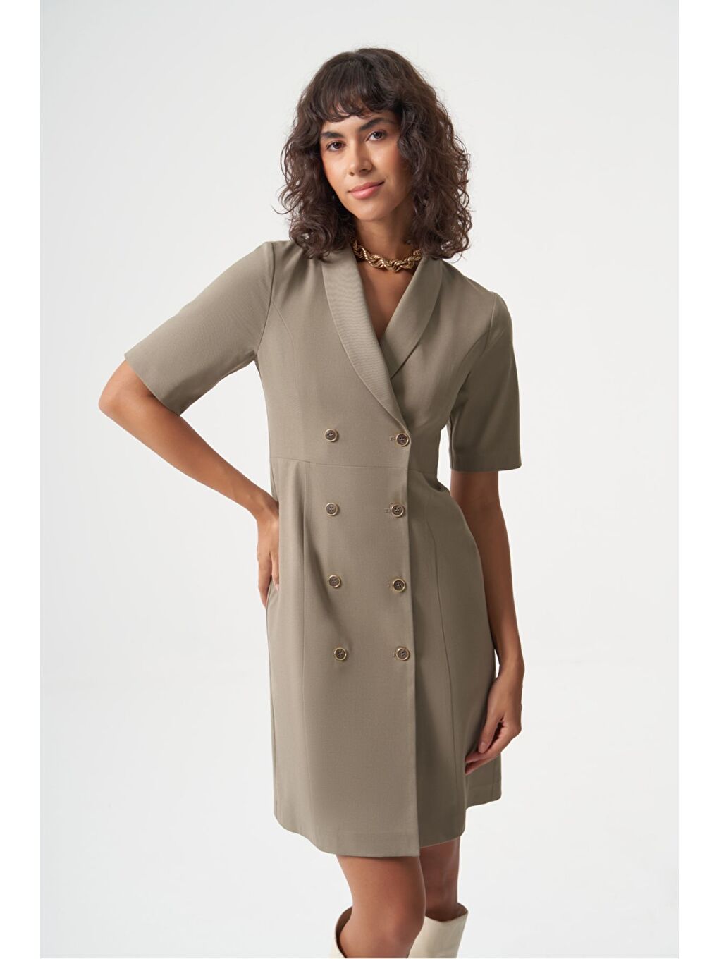 Bej MZL Premium Yün Karışımlı Klasik Düğmeli Vizon rengi Elbise