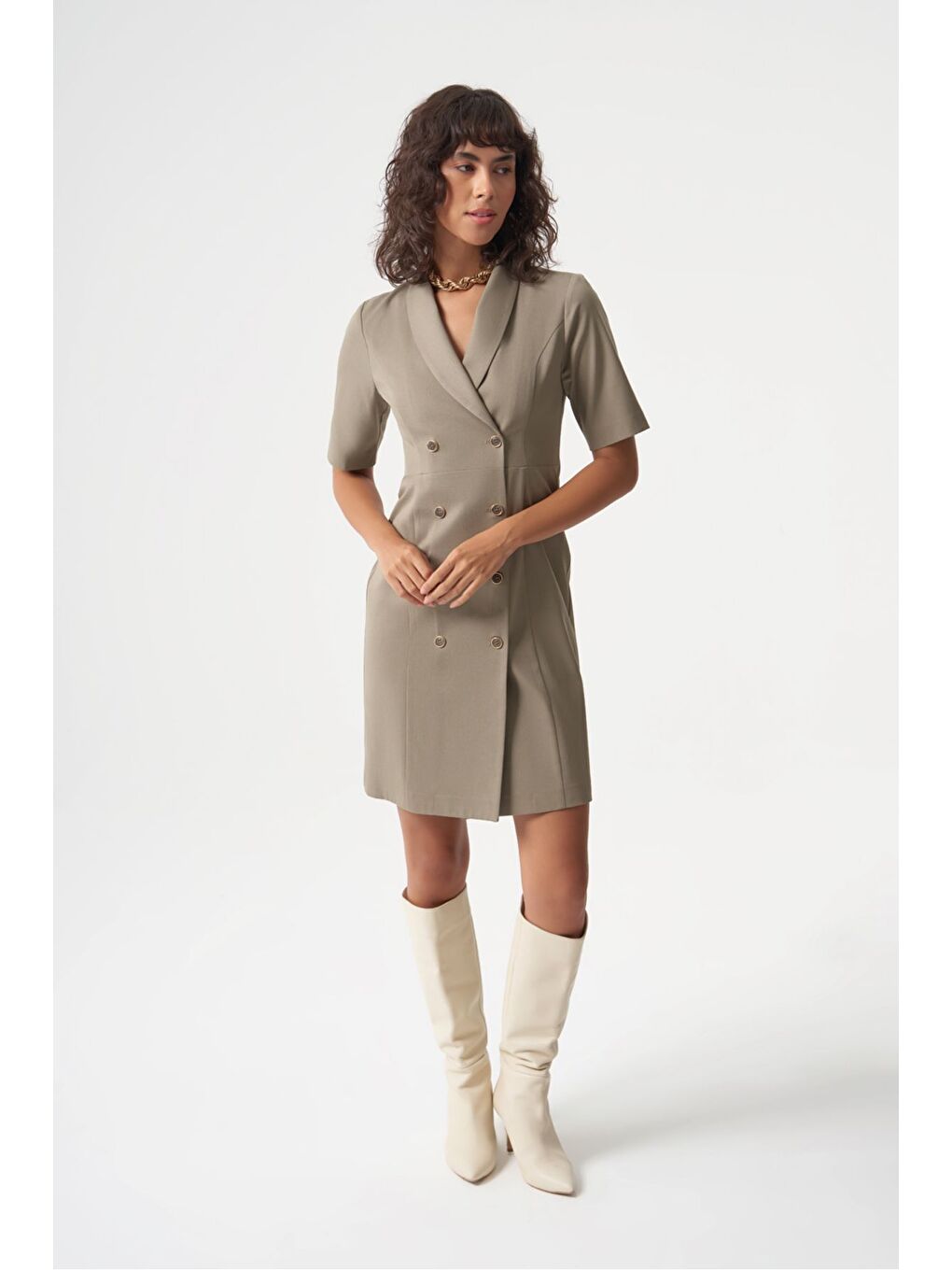 Bej MZL Premium Yün Karışımlı Klasik Düğmeli Vizon rengi Elbise-1