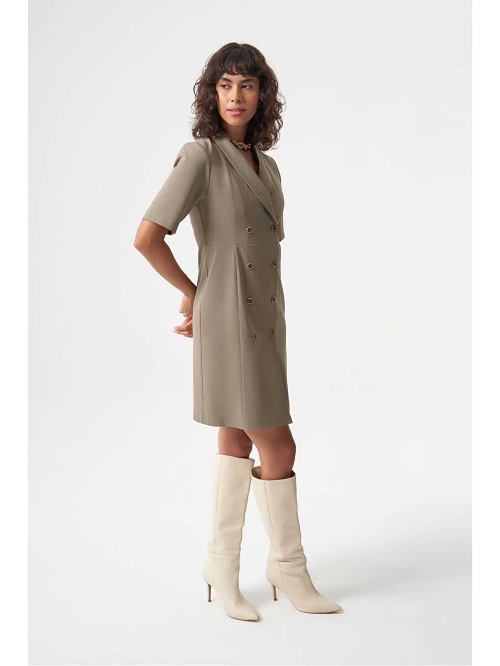 Bej MZL Premium Yün Karışımlı Klasik Düğmeli Vizon rengi Elbise-2