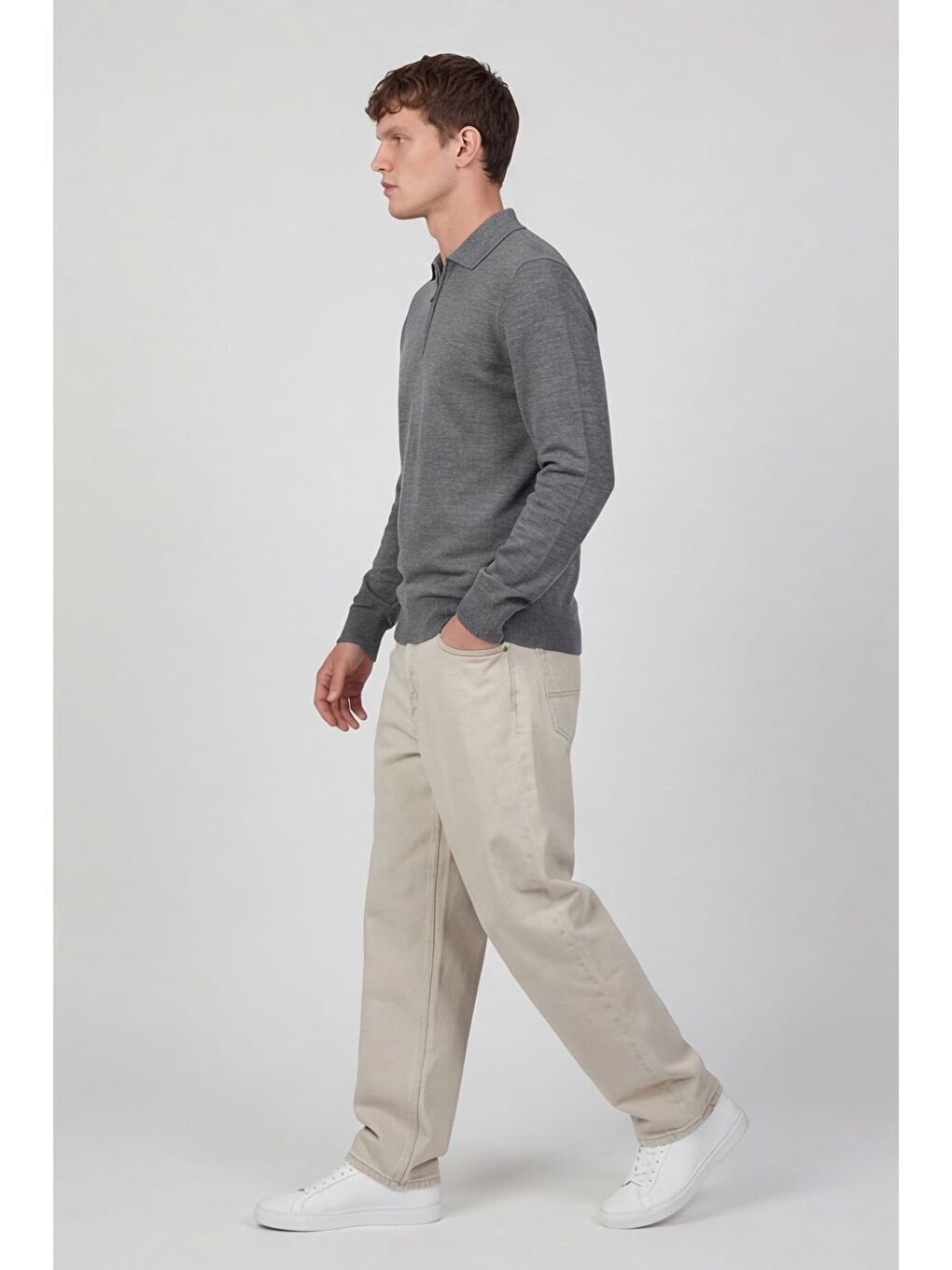 Erkek Gri Normal Kesim Regular Fit Yünlü Düz Fermuarlı Polo Yaka Triko Kazak-2