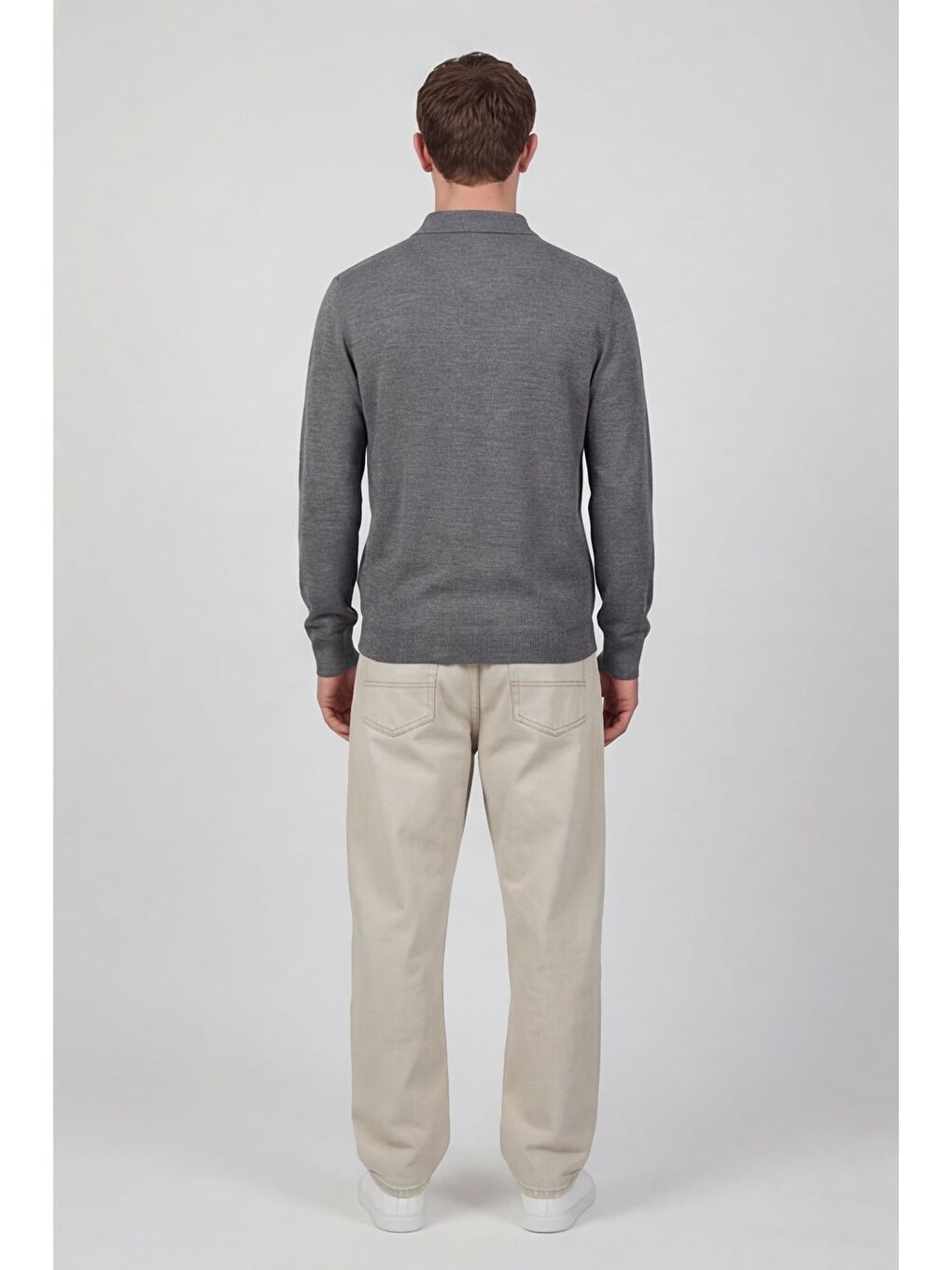 Erkek Gri Normal Kesim Regular Fit Yünlü Düz Fermuarlı Polo Yaka Triko Kazak-3