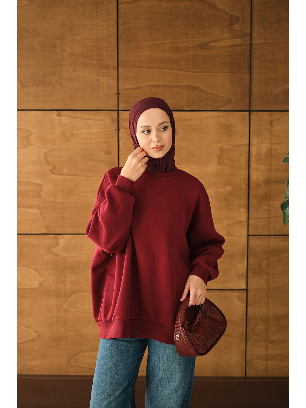 Kadın Bisiklet Yaka Sweat Bordo-4