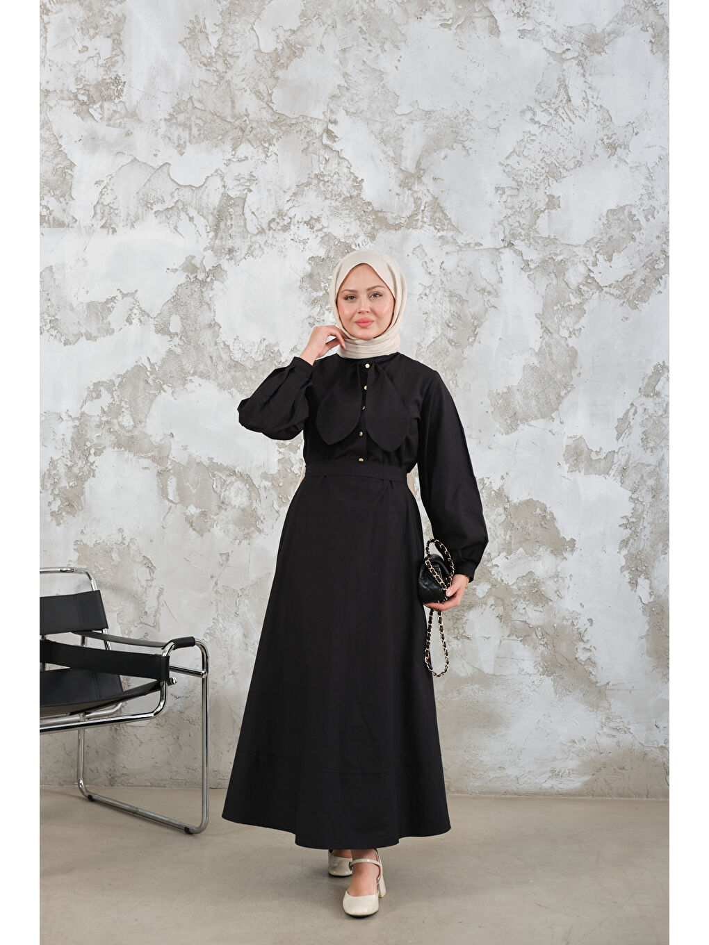 Kadın Bel Bağlamalı Elbise Siyah-2