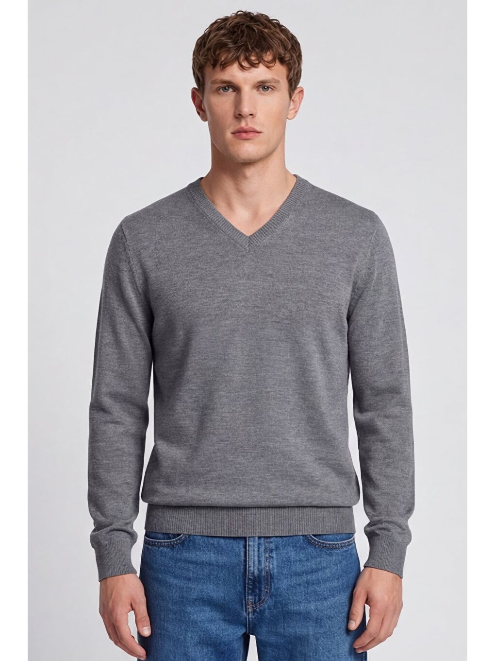 Erkek Gri Normal Kesim Regular Fit Yünlü V Yaka Triko Kazak