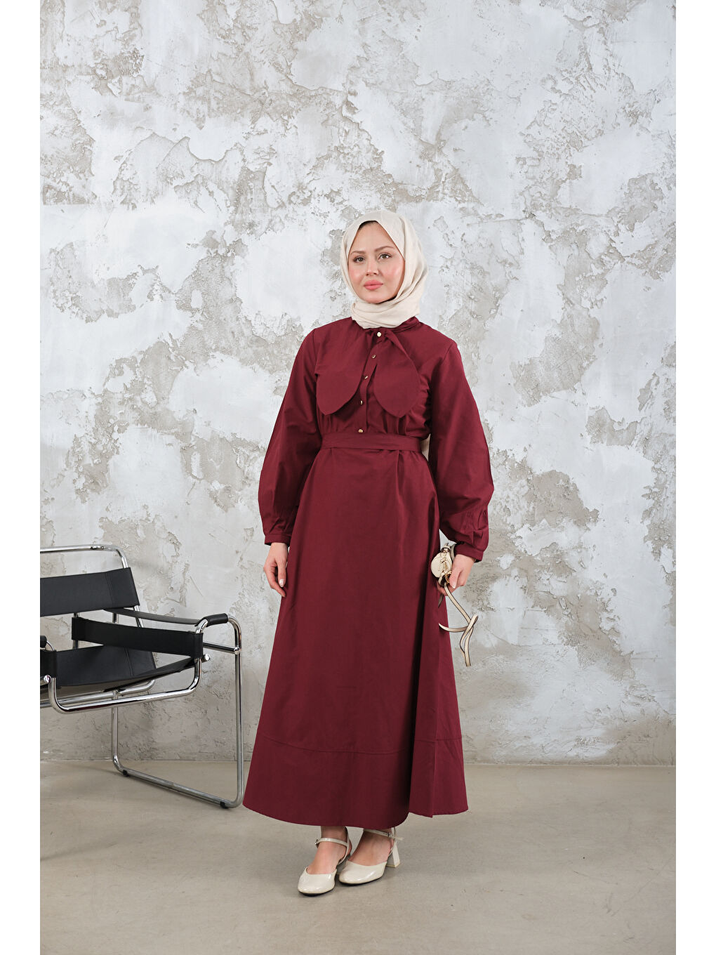 Kadın Bel Bağlamalı Elbise Bordo