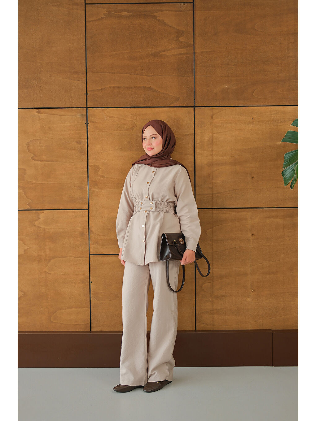 Ekru Kadın Kemer Detay Takım Krem-3
