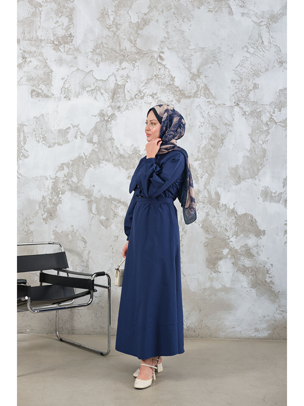 Kadın Bel Bağlamalı Elbise Lacivert-4