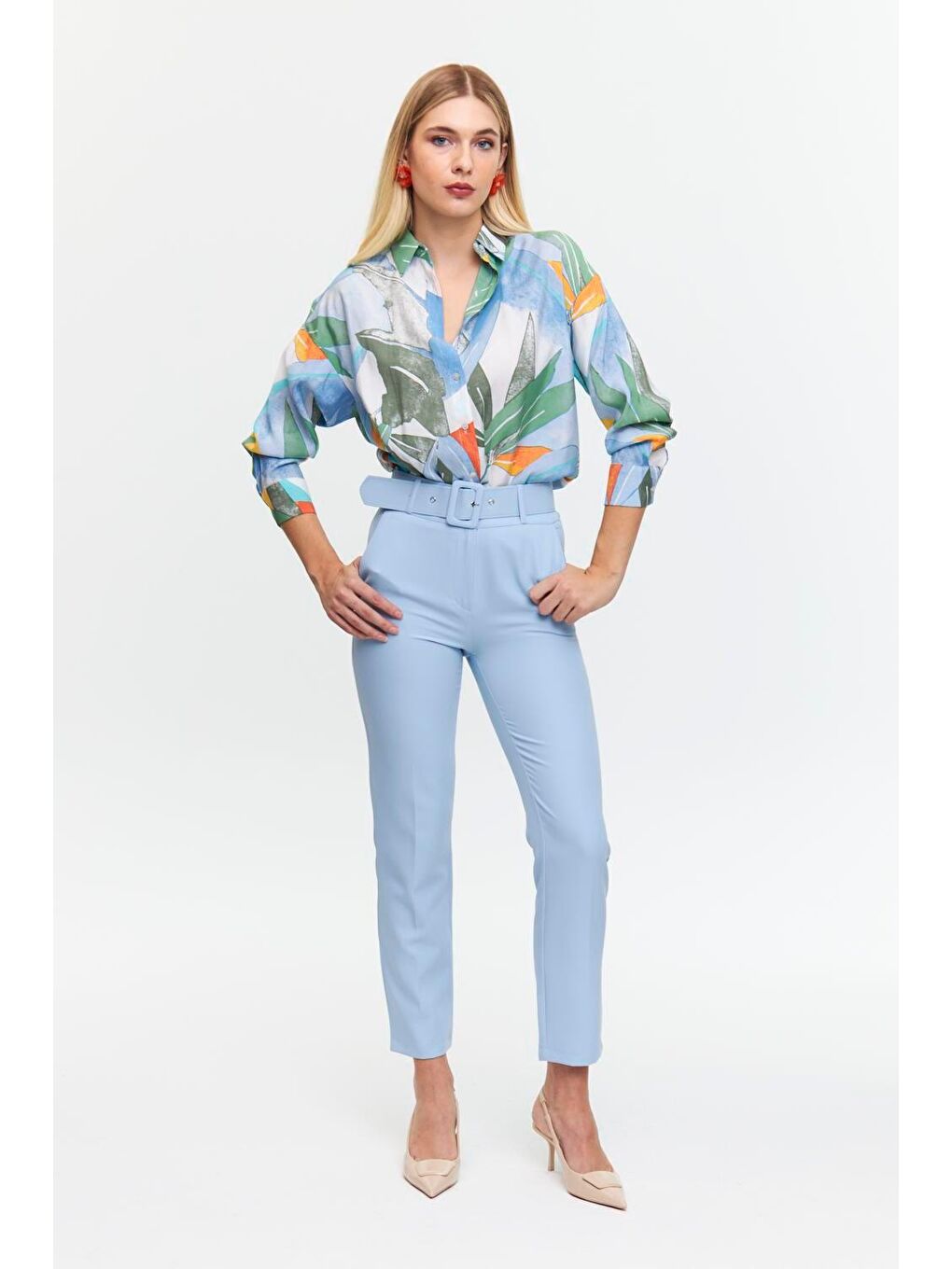 Kaplama Kemerli Bebe Mavi Kadın Pantolon