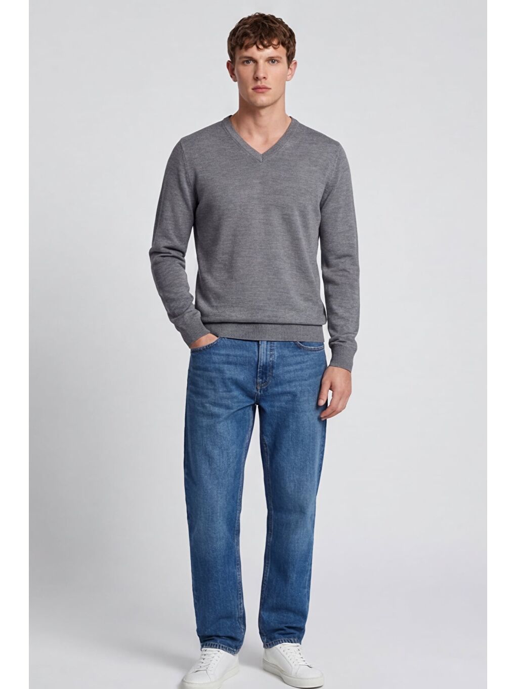 Erkek Gri Normal Kesim Regular Fit Yünlü V Yaka Triko Kazak-2