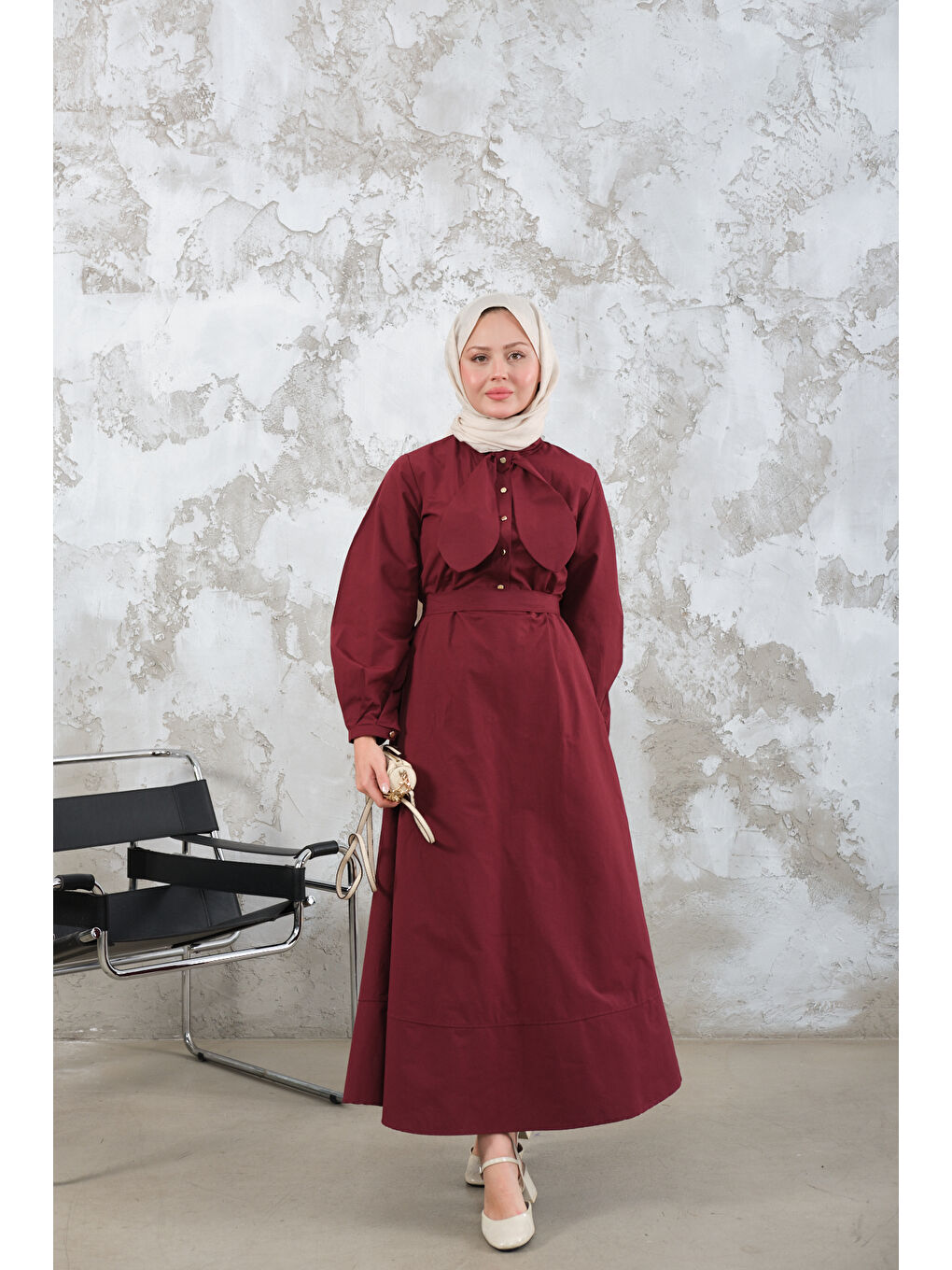 Kadın Bel Bağlamalı Elbise Bordo-3